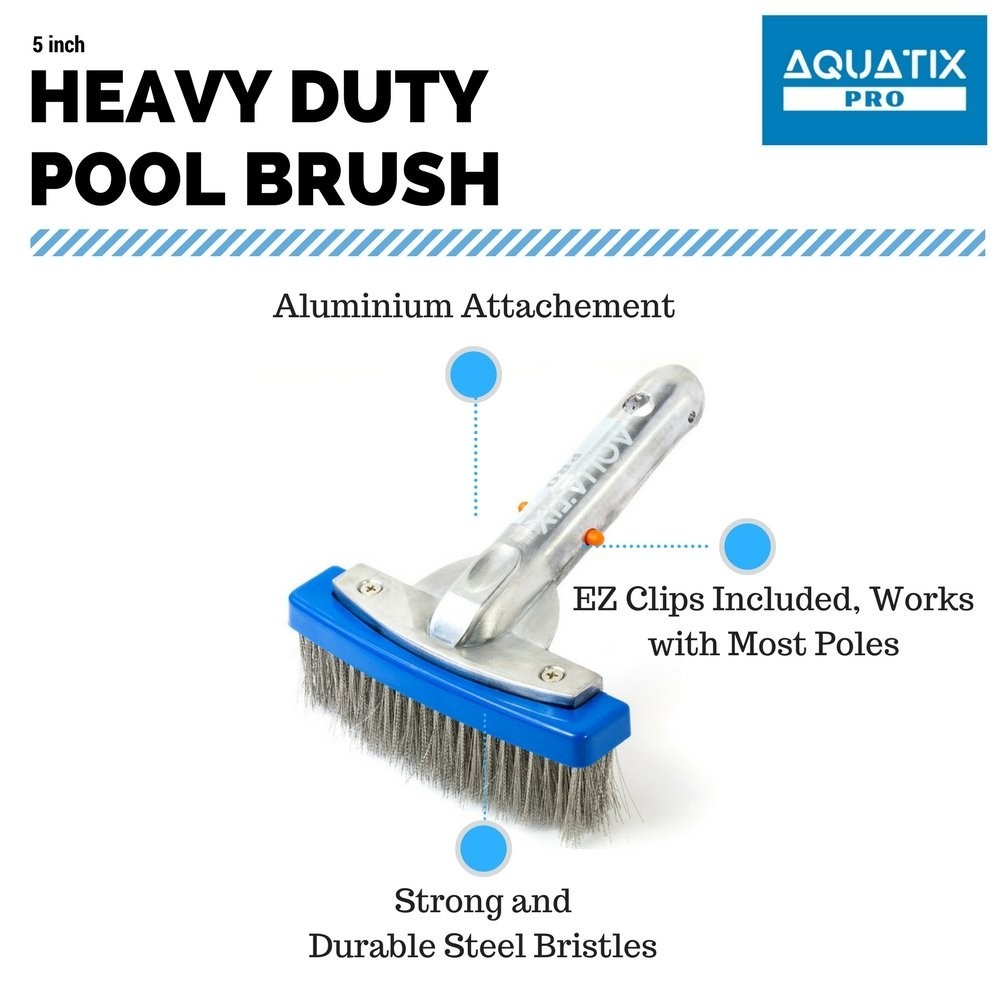 Heavy Duty 5&Prime; Pool Brush with Stainless Steel Bristles & Aluminum Handle – Clean
