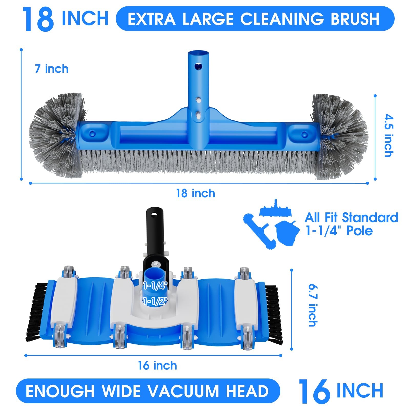 TidyMister 3-in-1 Pool Cleaning Kit Full Set – 18in Rounded End Pool Brush & …