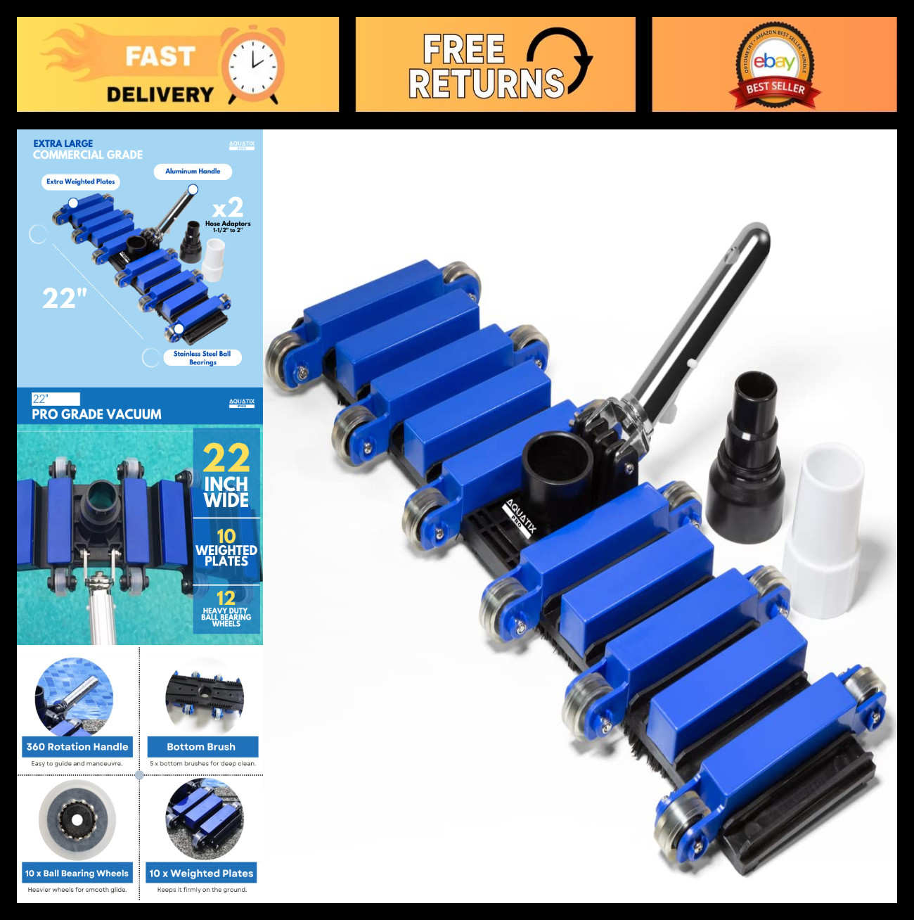 22&Prime; Extra Large Pool Vacuum Head – Commercial Grade, Weighted Plates, Hose Adapt