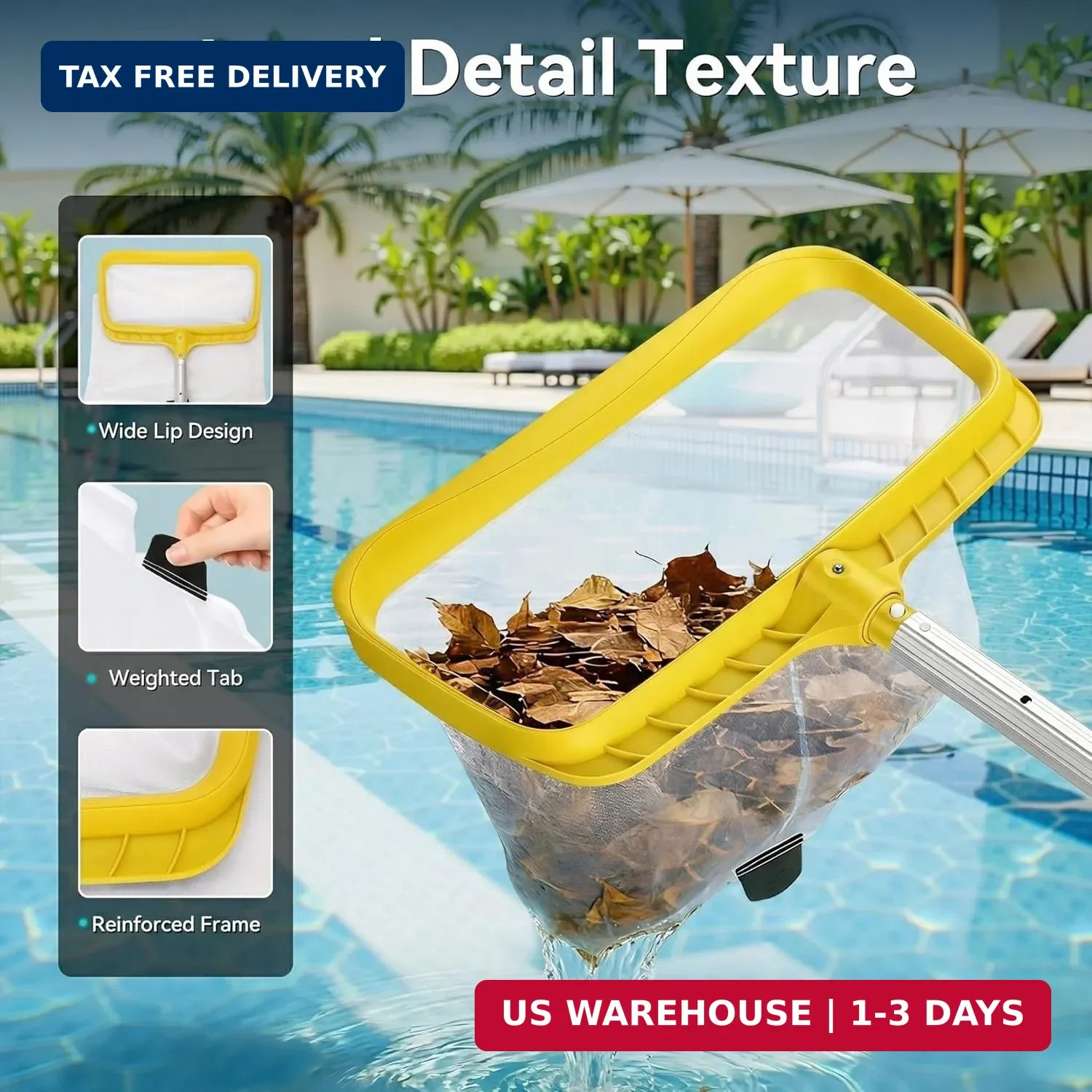 Professional Pool Skimmer Net with Yellow Frame & 30-Mesh – Heavy Duty Deep Leaf