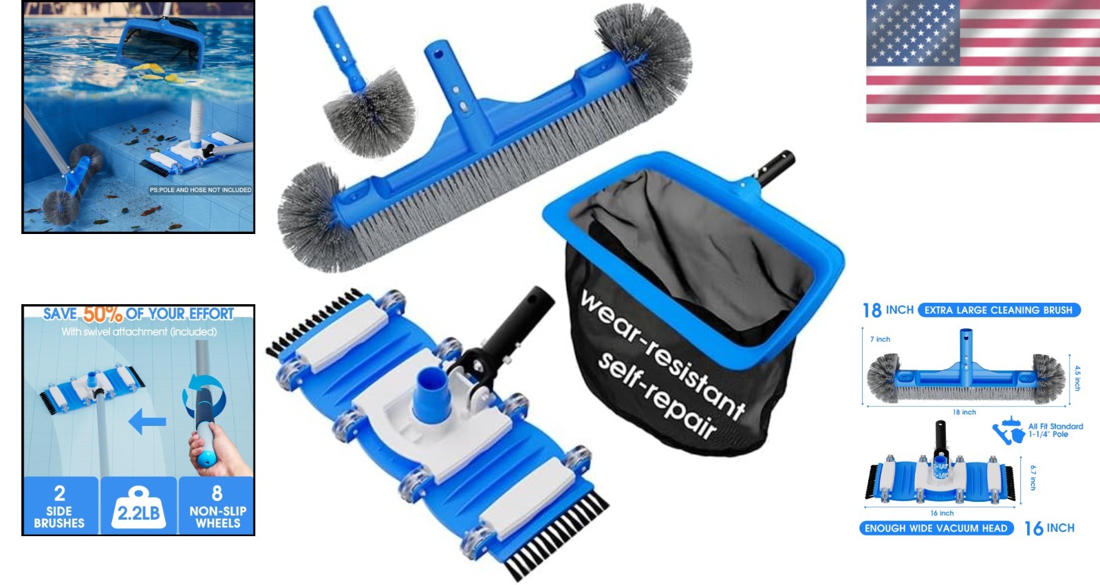 3-in-1 Pool Cleaning Kit: 18-inch Brush, Ergonomic Vacuum Head & Fine Mesh Net