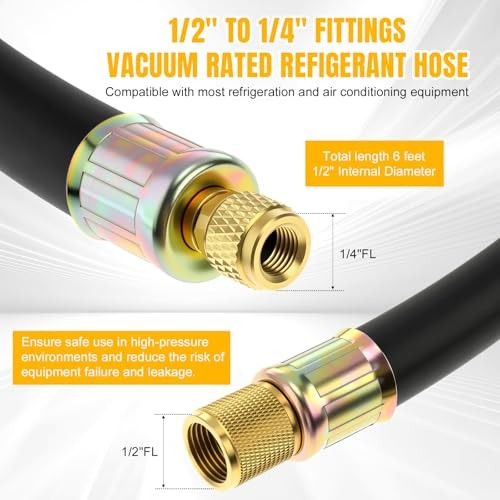 HVAC Refrigerant Charging Vacuum Hose, 6 ft, 800 Psi 1/2&Prime; to 1/4&Prime; Fittings