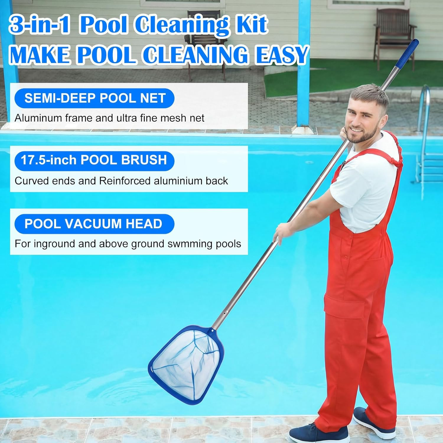 3 Pcs Pool Cleaning Kit Manual Vacuum Head Brush Skimmer Net