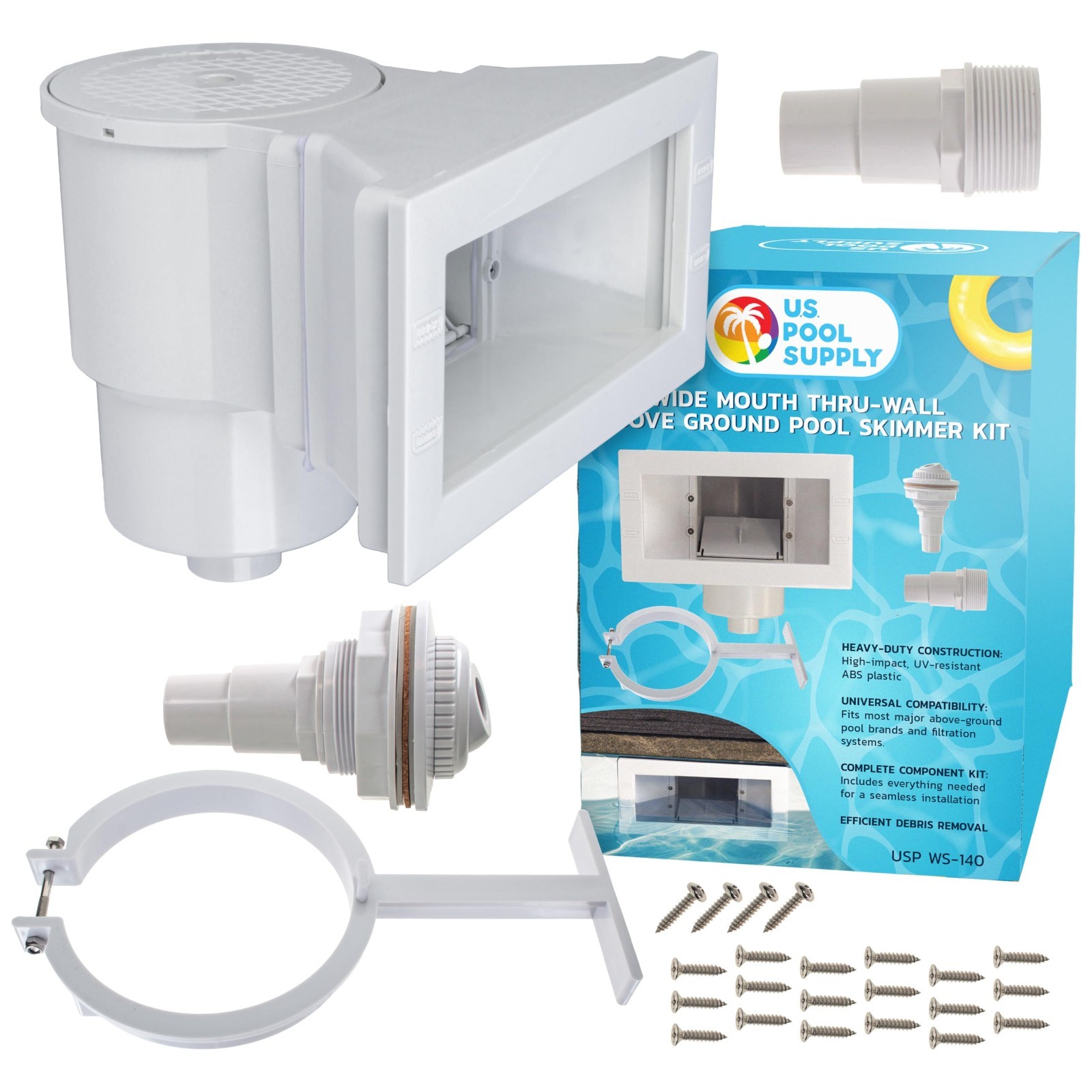 Wide Mouth Thru-Wall Above Ground Pool Skimmer Kit – Universal Set, ABS, Leaf Ba