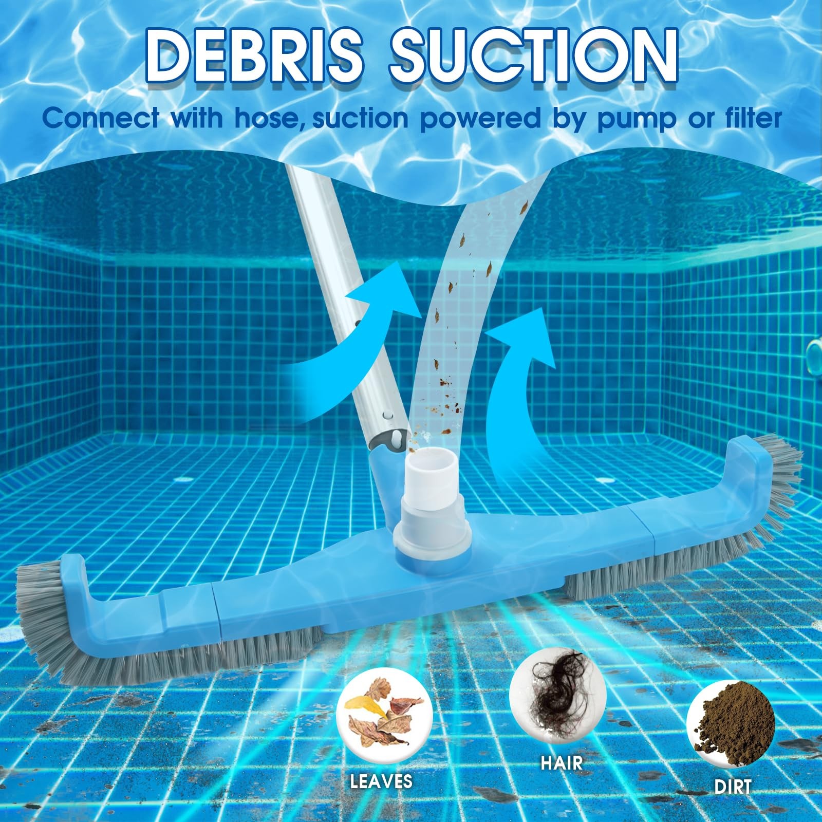 TidyMister 20&Prime; 2 in 1 Pool Brush Vacuum Head with Swivel Hose 20inch, Blue