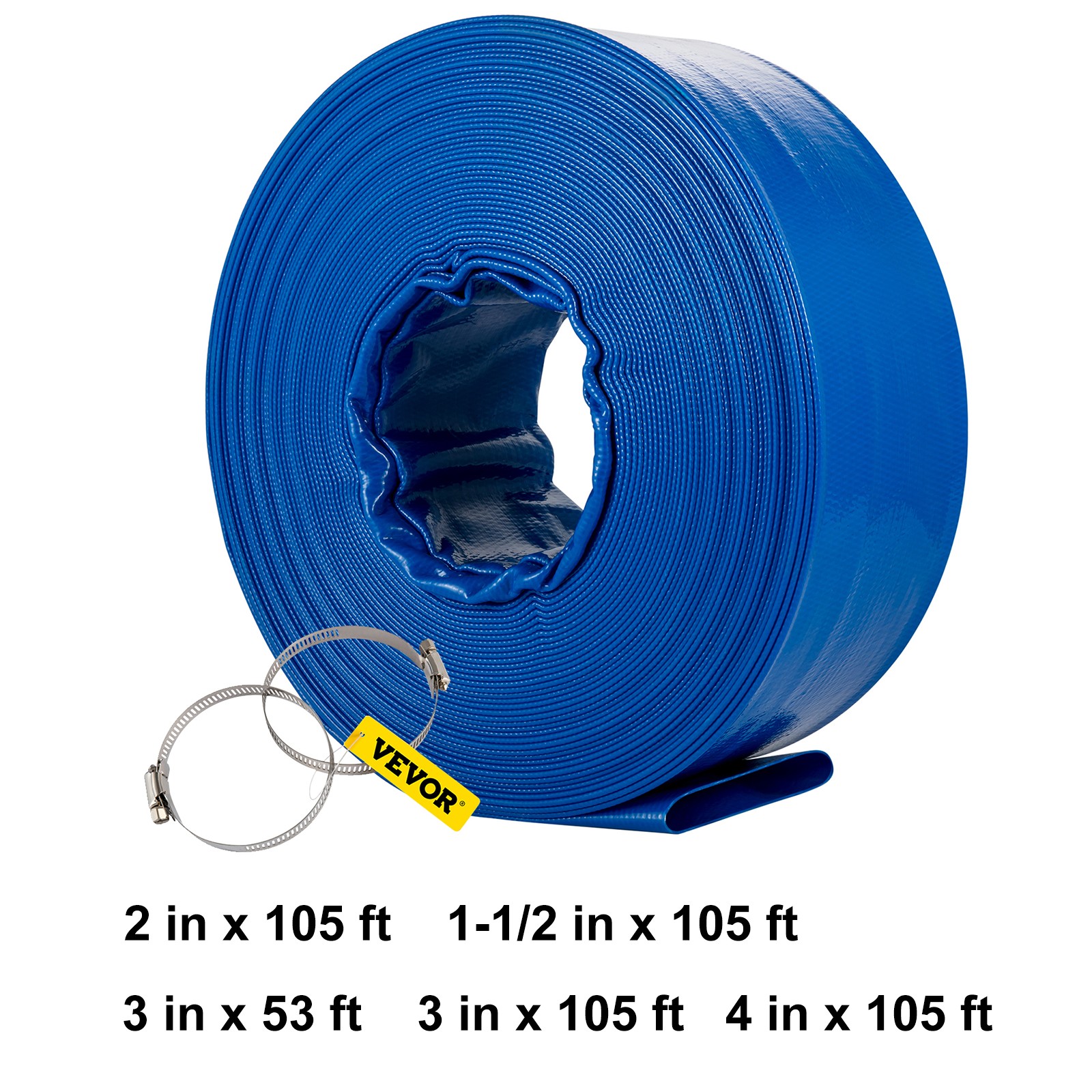 VEVOR Discharge Hose Lay Flat Hose 5 Sizes PVC Pool Backwash Drain Hose w/Clamp