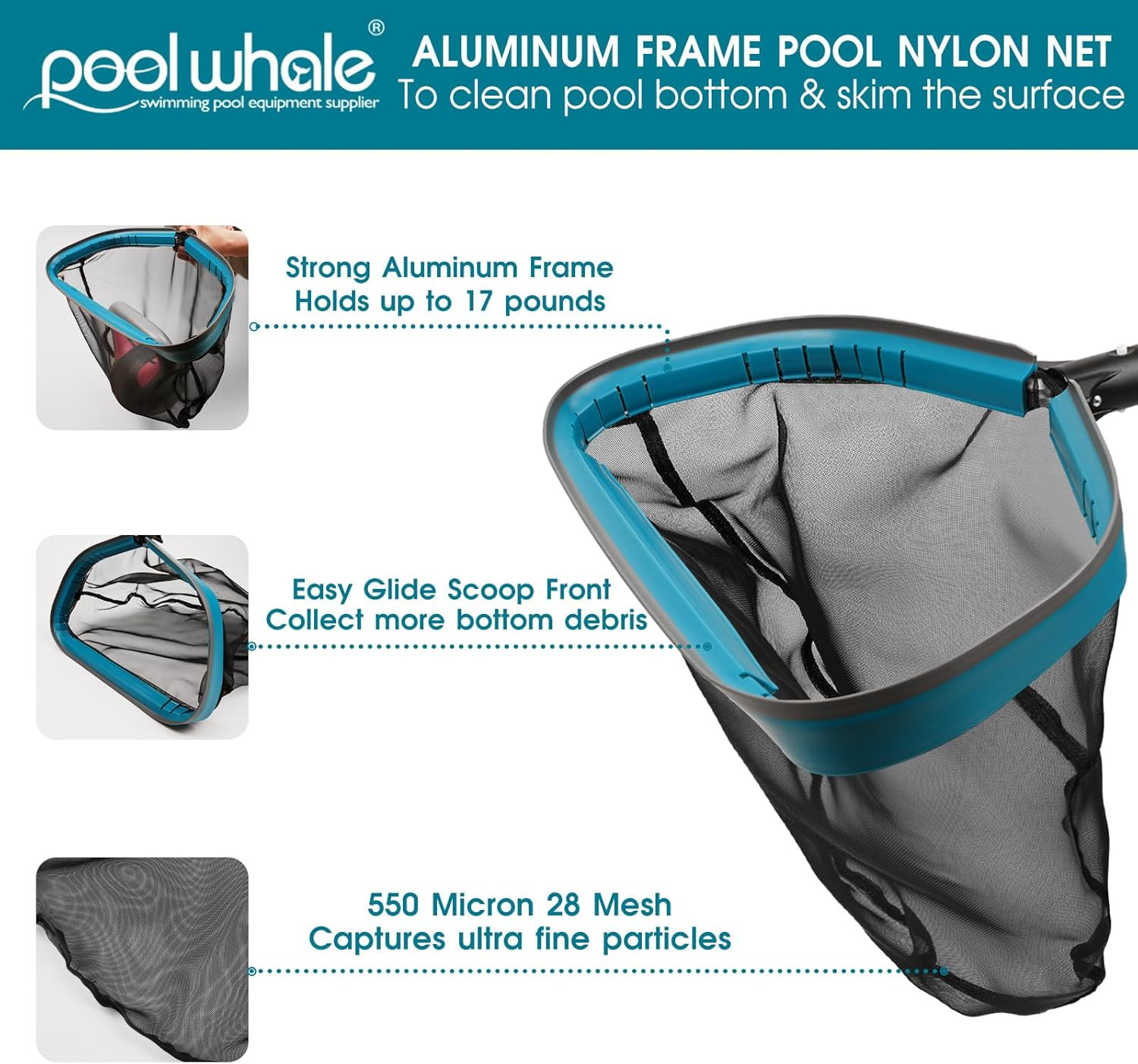 Swimming Pool Cleaning Kit – Aluminum Frame Skimmer Net with 10Ft Adjustable Pol
