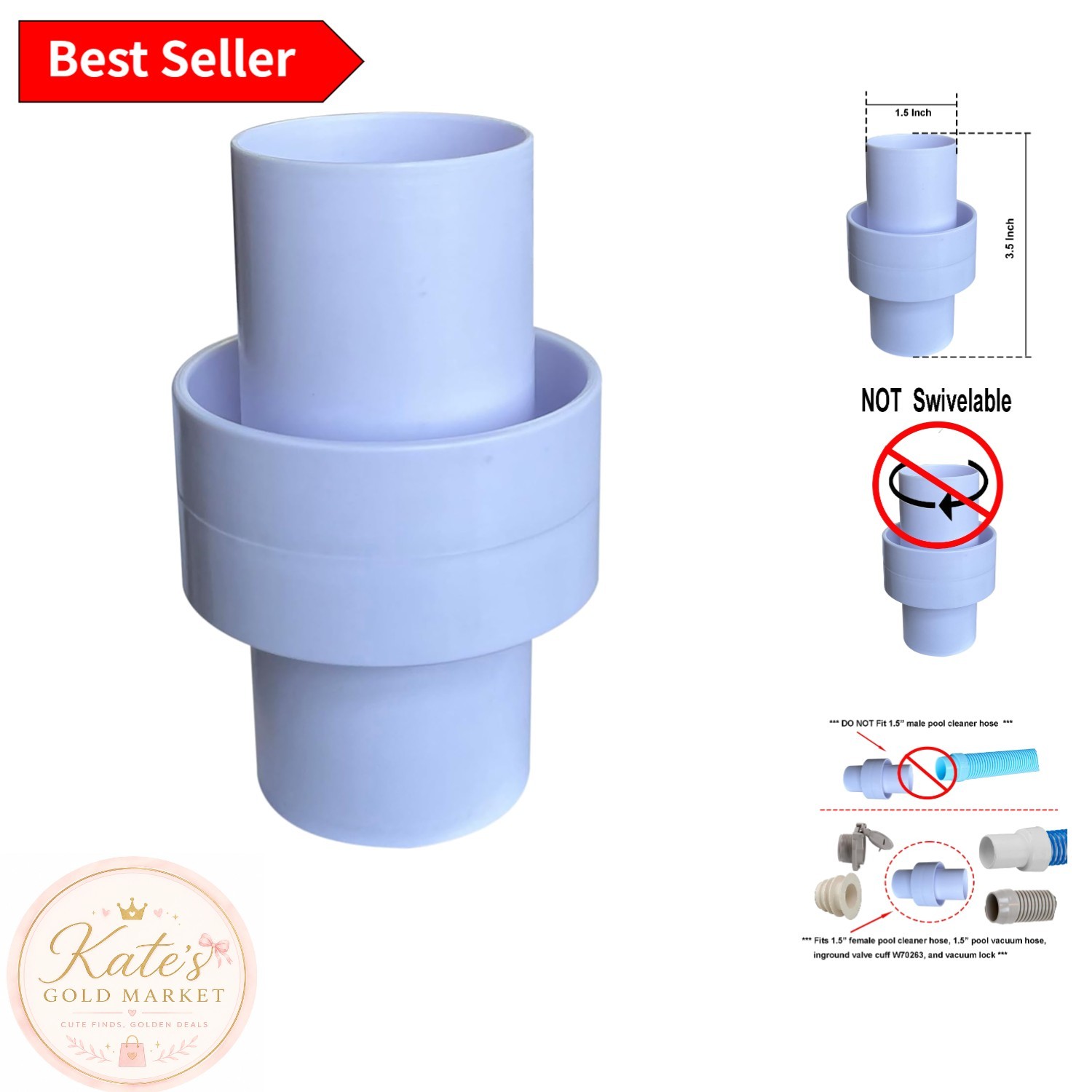 1.5&Prime; Plastic Pool Cleaner Hose Connector – Non-Swiveling Design for Easy Use