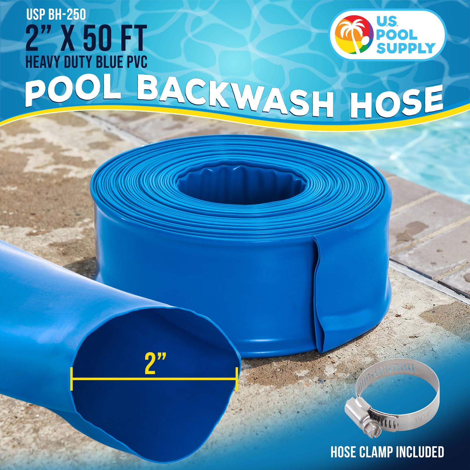 2&Prime; x 50&prime; Heavy Duty Blue Swimming Pool Backwash Hose & Clamp Water Discharge