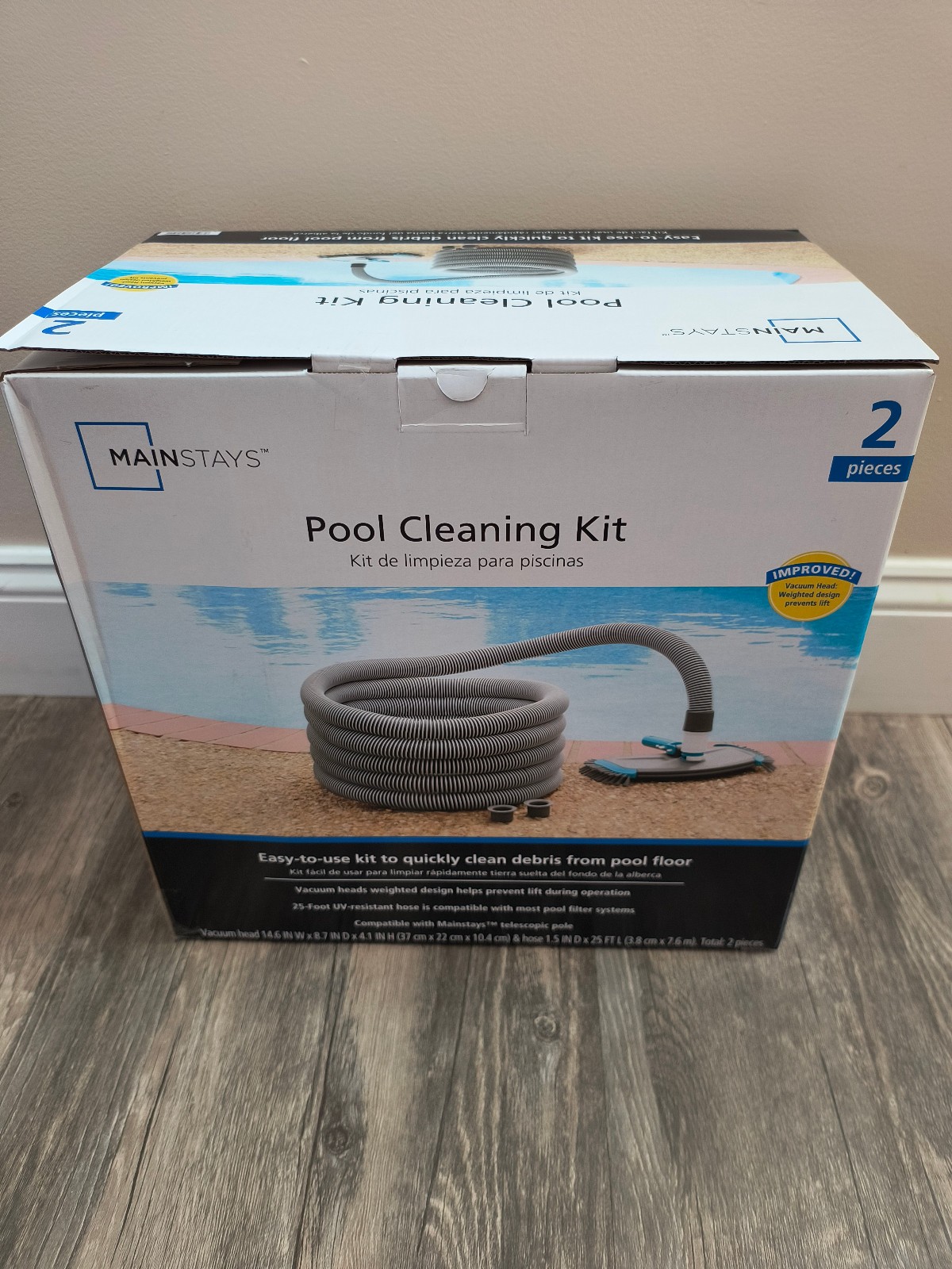 Mainstays Pool Vacuum Kit 2-Piece 25ft UV-Resistant Hose+Swivel Head 1.25&Prime;/1.5&Prime;