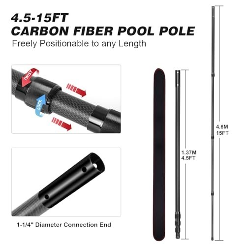 15FT Carbon Fiber Telescopic Pool Cleaning Pole – Heavy Duty Skimmer Net Tool