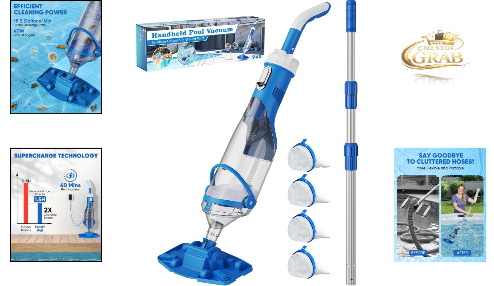 Cordless Pool Vacuum with Telescopic Pole 18.5 GPM Powerful Suction Blue