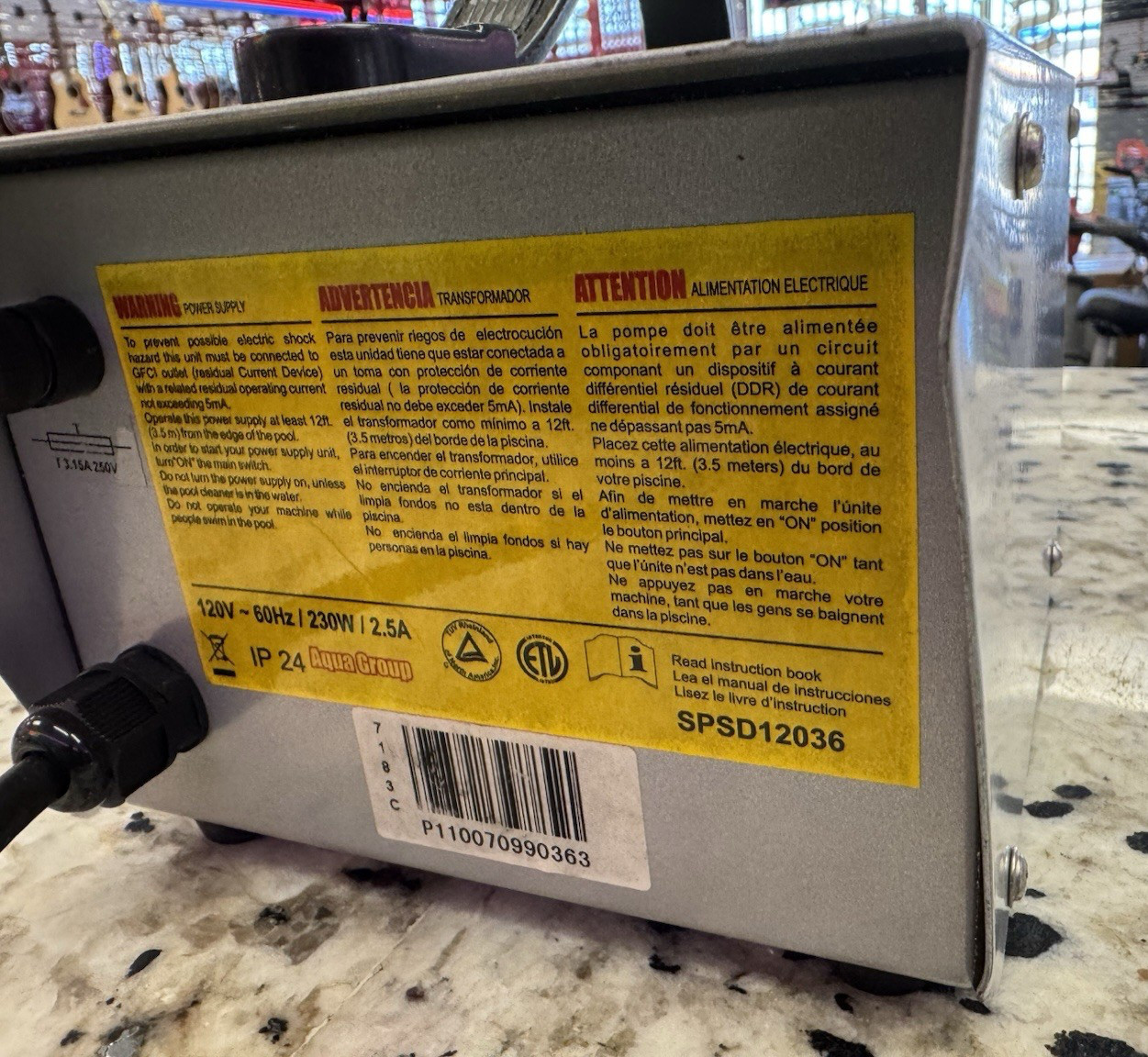 Pool Power Supply Aquagroup 7 Hrs 3 PRONG SPSD12036 120V-60hz / 230w / 2.5a