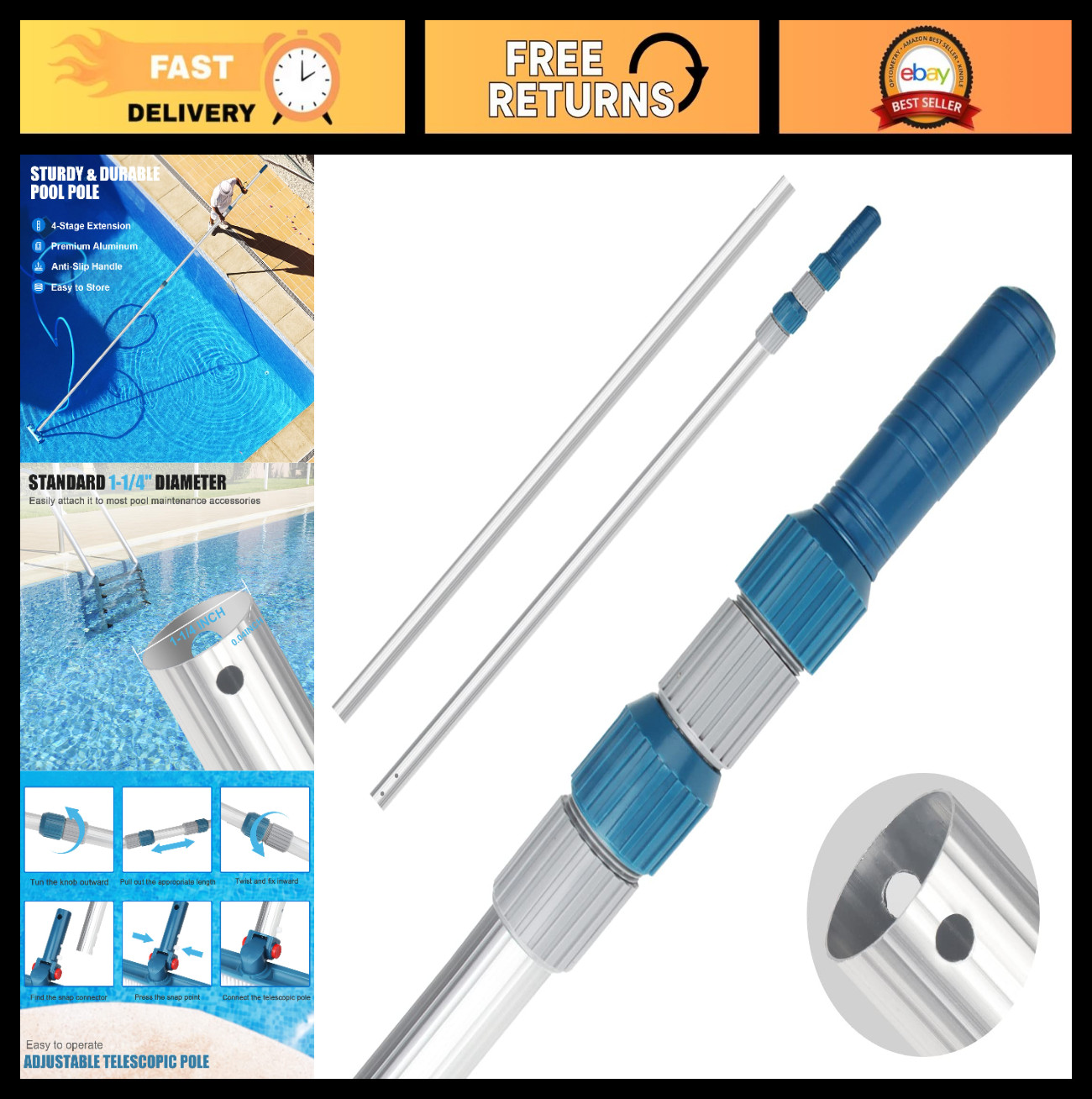 16ft Telescopic Aluminum Pool Cleaning Pole – Attach Skimmer Nets, Rakes & Brush
