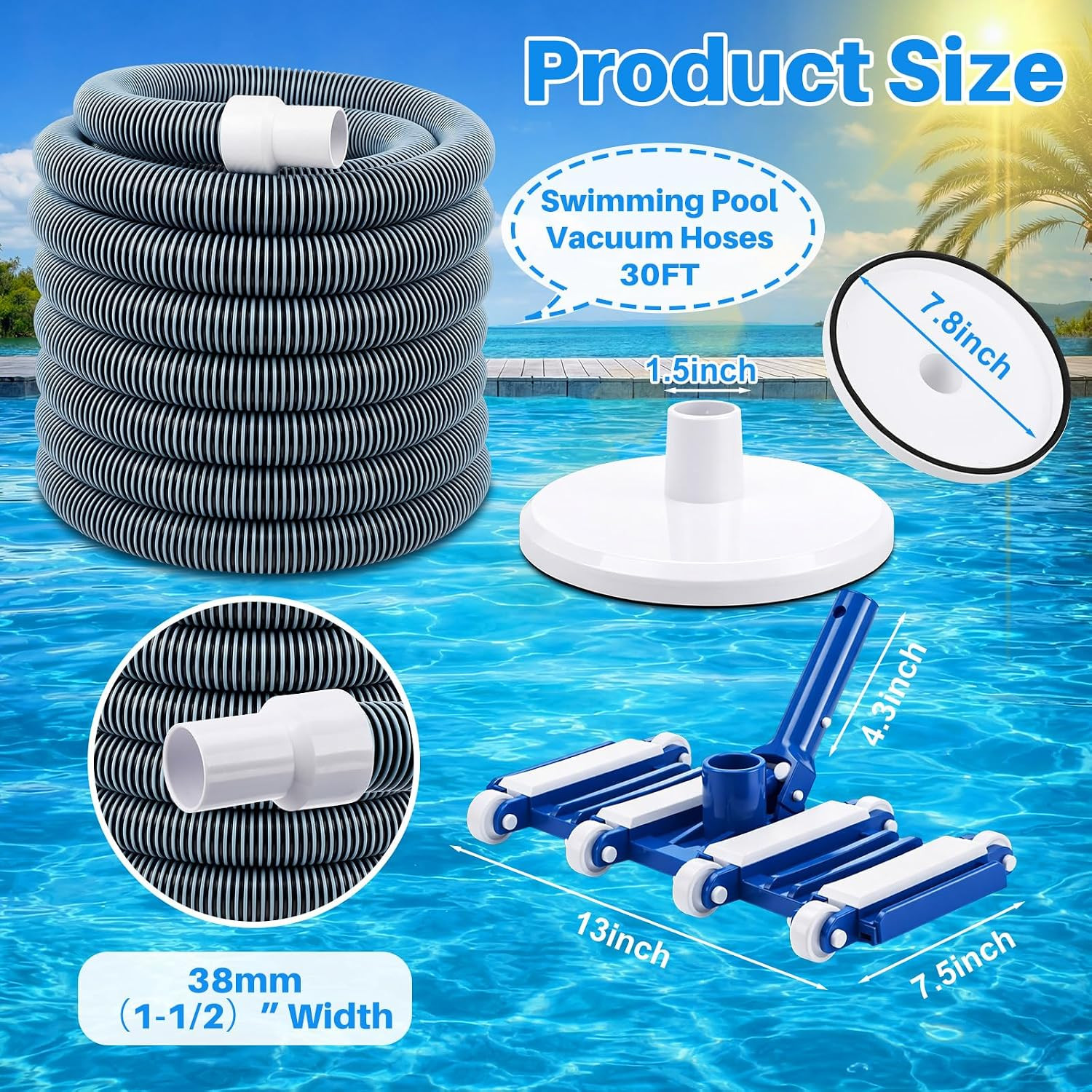 3 Pcs Pool Cleaning Kit 14&Prime; Vacuum Head with Flexible Wheels, 1-1/2 X 18Ft Hoses
