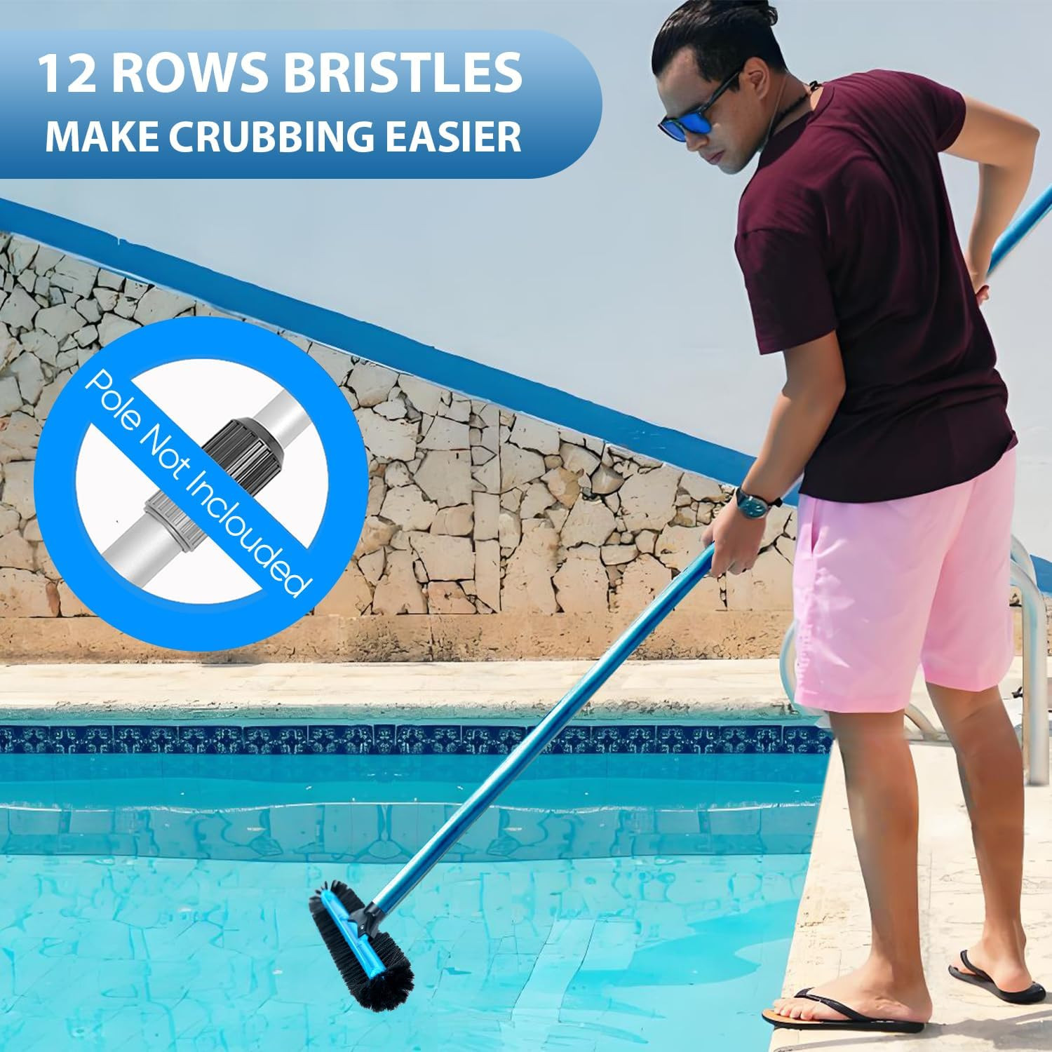 20&Prime; Wide Pool Brush Head Heavy Duty Cleaning 12-Rows Soft Bristles Brushes Vinyl
