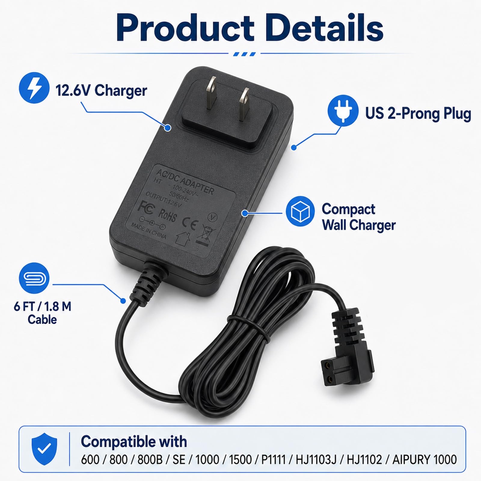 12.6V 2-Pin Power Adapter Charger for Aiper Seagull Pool Vacuum SE 800B 600 1…