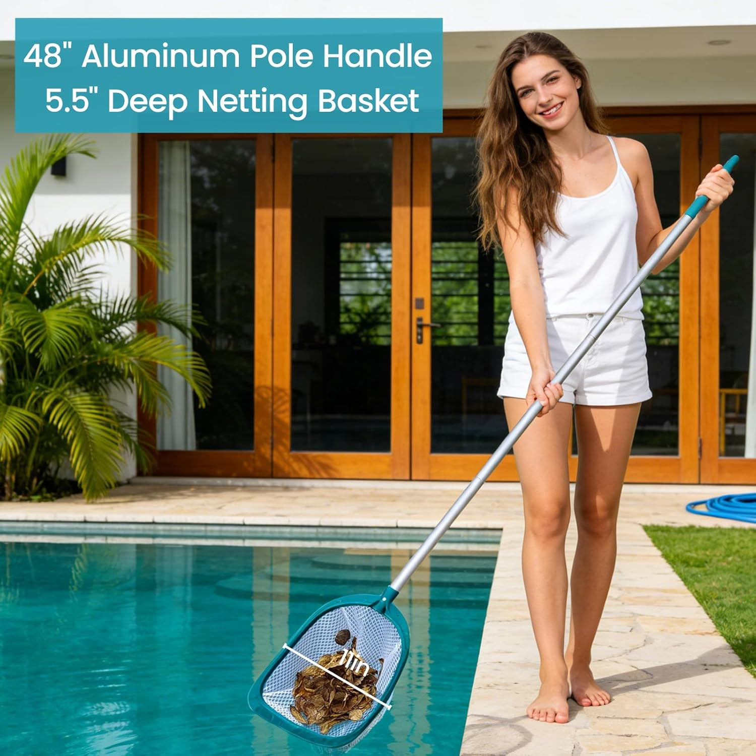 Pool Skimmer Net with Adjustable 48&Prime; Aluminum Pole, Fine Mesh Medium-Depth Net f