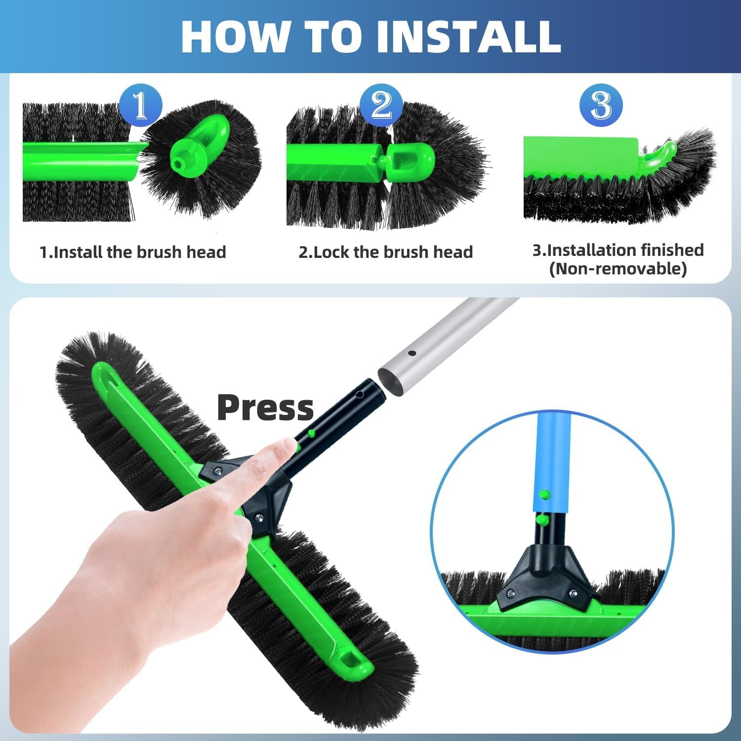 20&Prime; Wide Pool Brush Head Heavy Duty Pool Scrub Brush W/ 12-Rows Soft Bristles