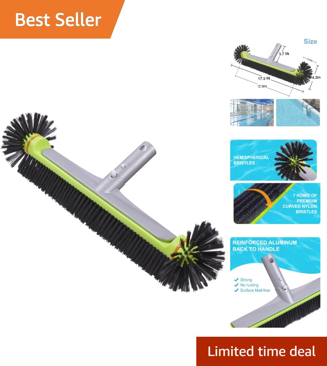 Heavy Duty Pool Wall Cleaning Brush with Aluminum Handle