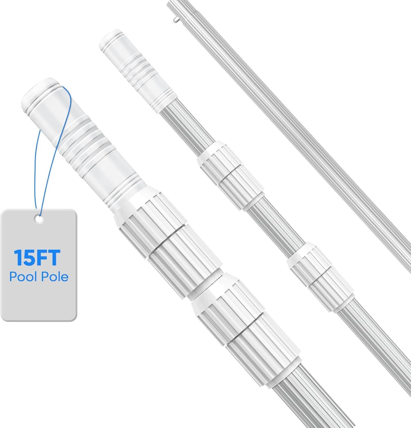 15FT Telescopic Pool Pole, Pool Skimmer Pole Heavy Duty, Adjustable 3 Piece E…