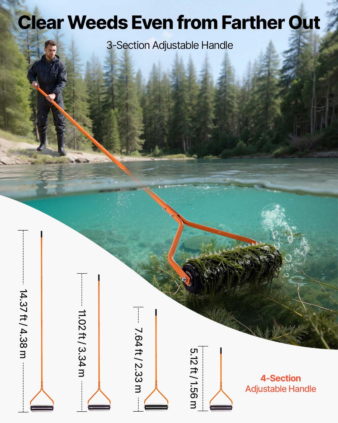 VEVOR Lake Weed Roller, 14.1 ft Stainless Steel & Pond Removal 14ft