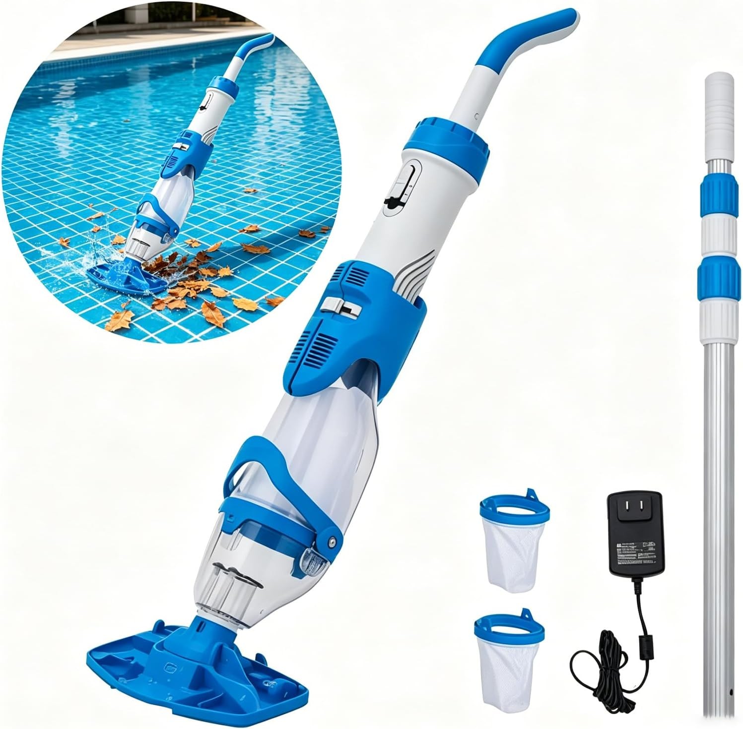 Cordless Pool Vacuum Handheld Rechargeable Cleaner w/ Telescopic Pole & 2 Speeds