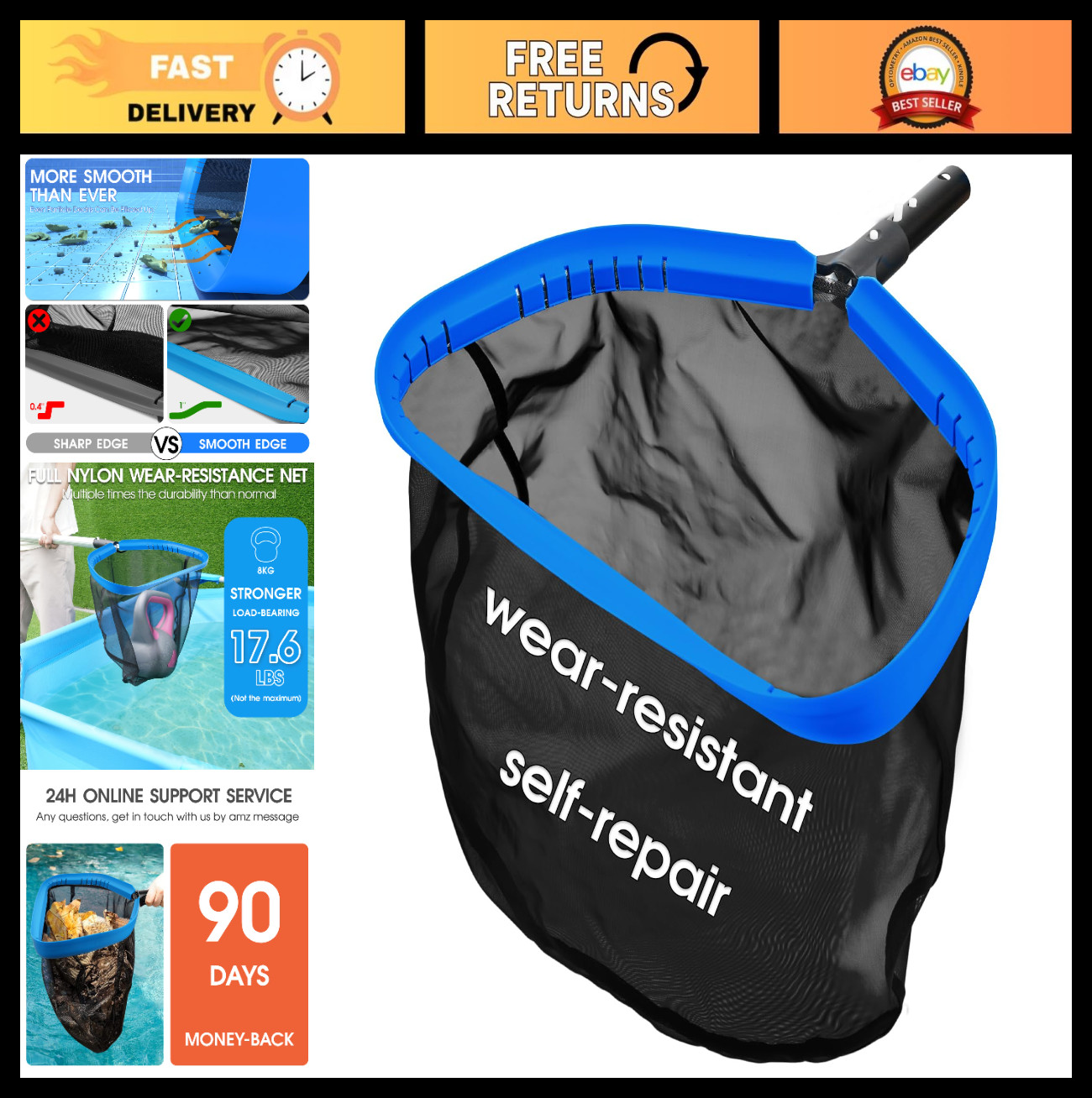 Heavy Duty Pool Skimmer Net with Fine Mesh & Deep Bag for Above/In-Ground Pools