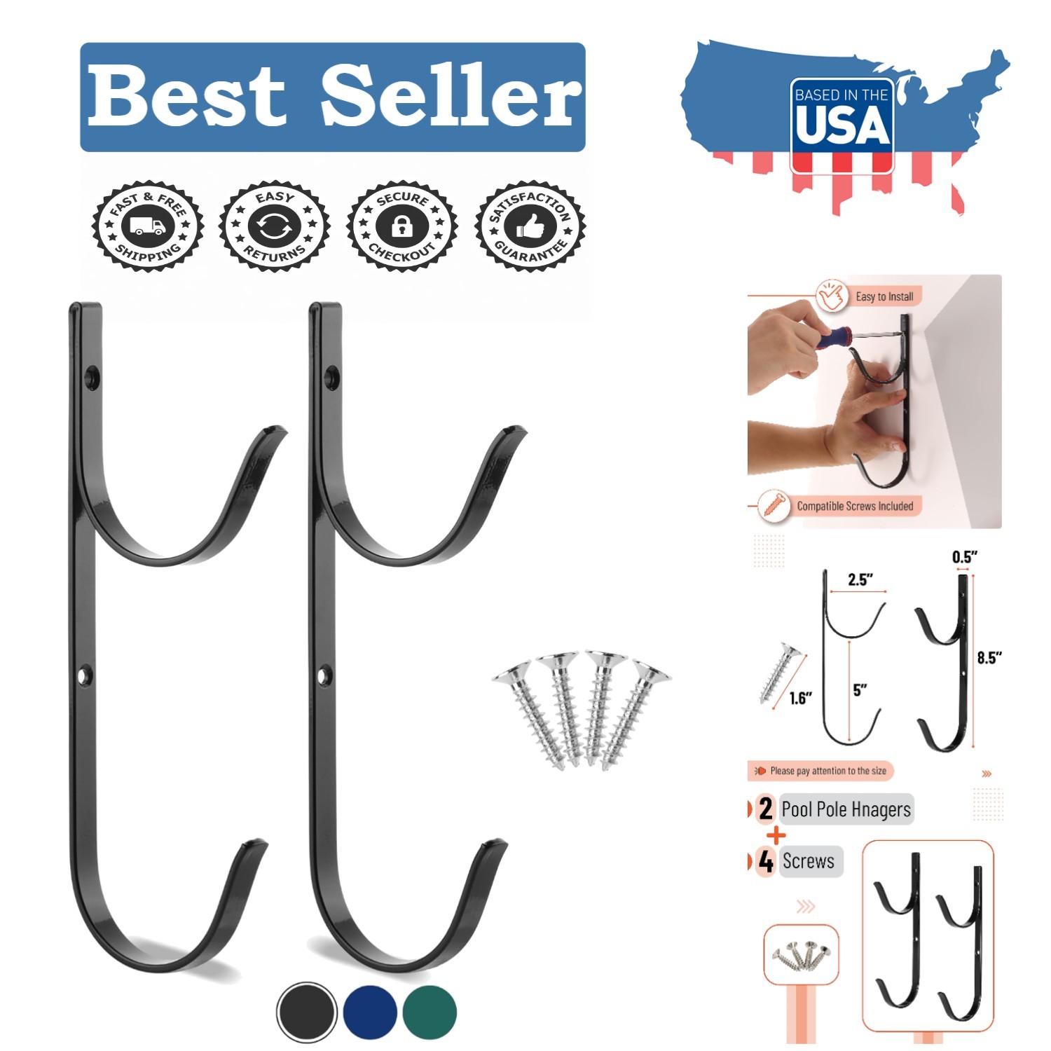 2 Pack Black Aluminum Pool Pole Hangers – Secure & Stylish Equipment Hooks