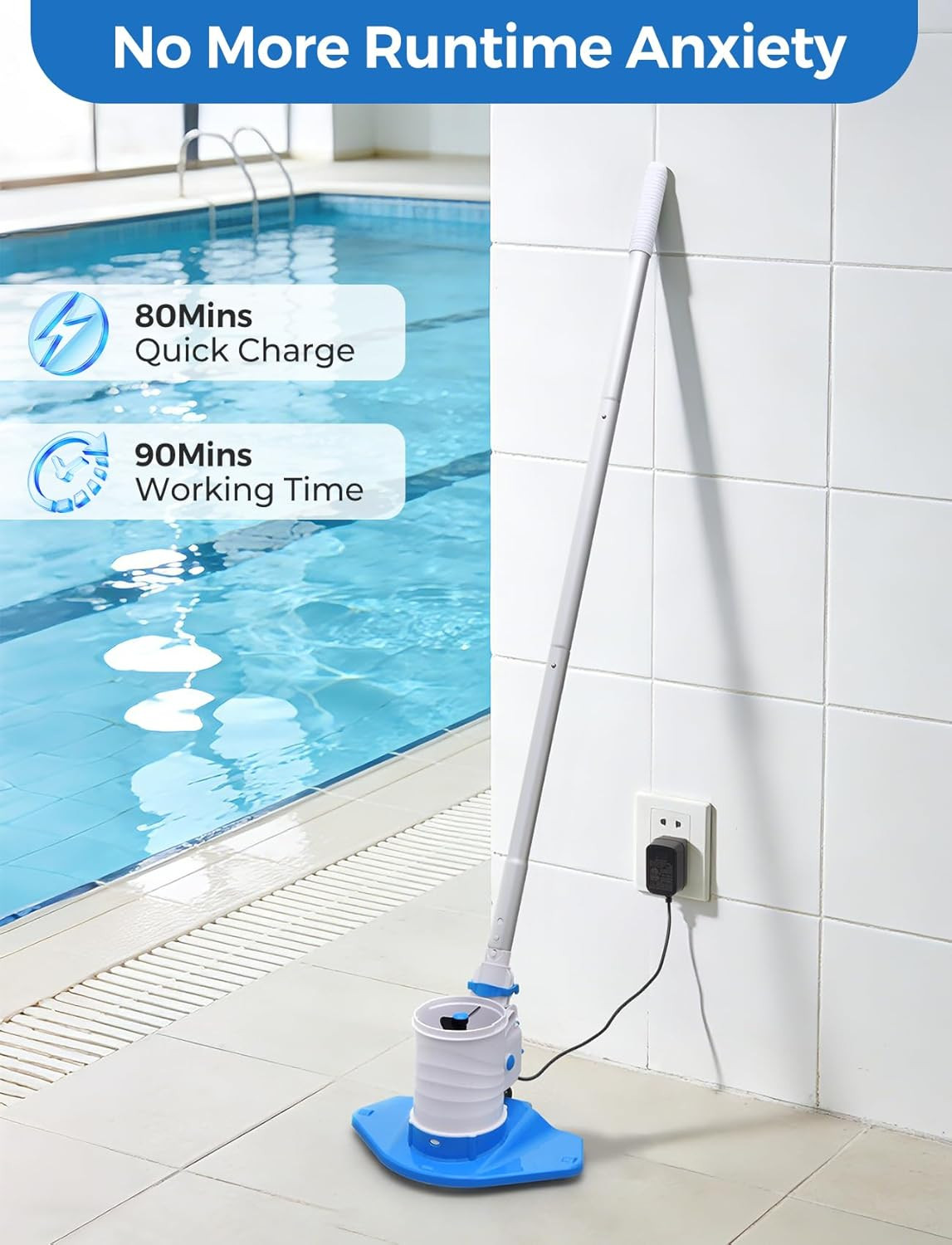 Pool Leaf Vacuum with 71.7In Telescopic Pole, 83GPM Powerful Suction, Rechargeab