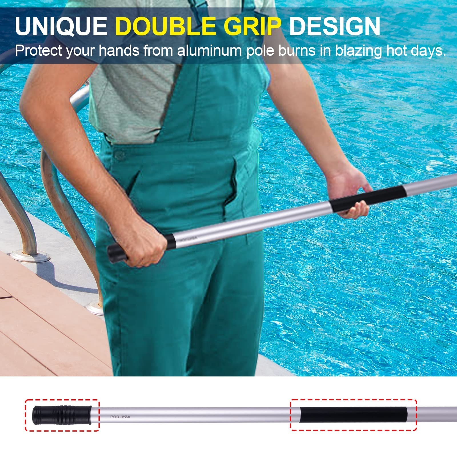 16ft Heavy Duty Detachable Pool Cleaning Pole – Anodized Aluminum, Double Grip,