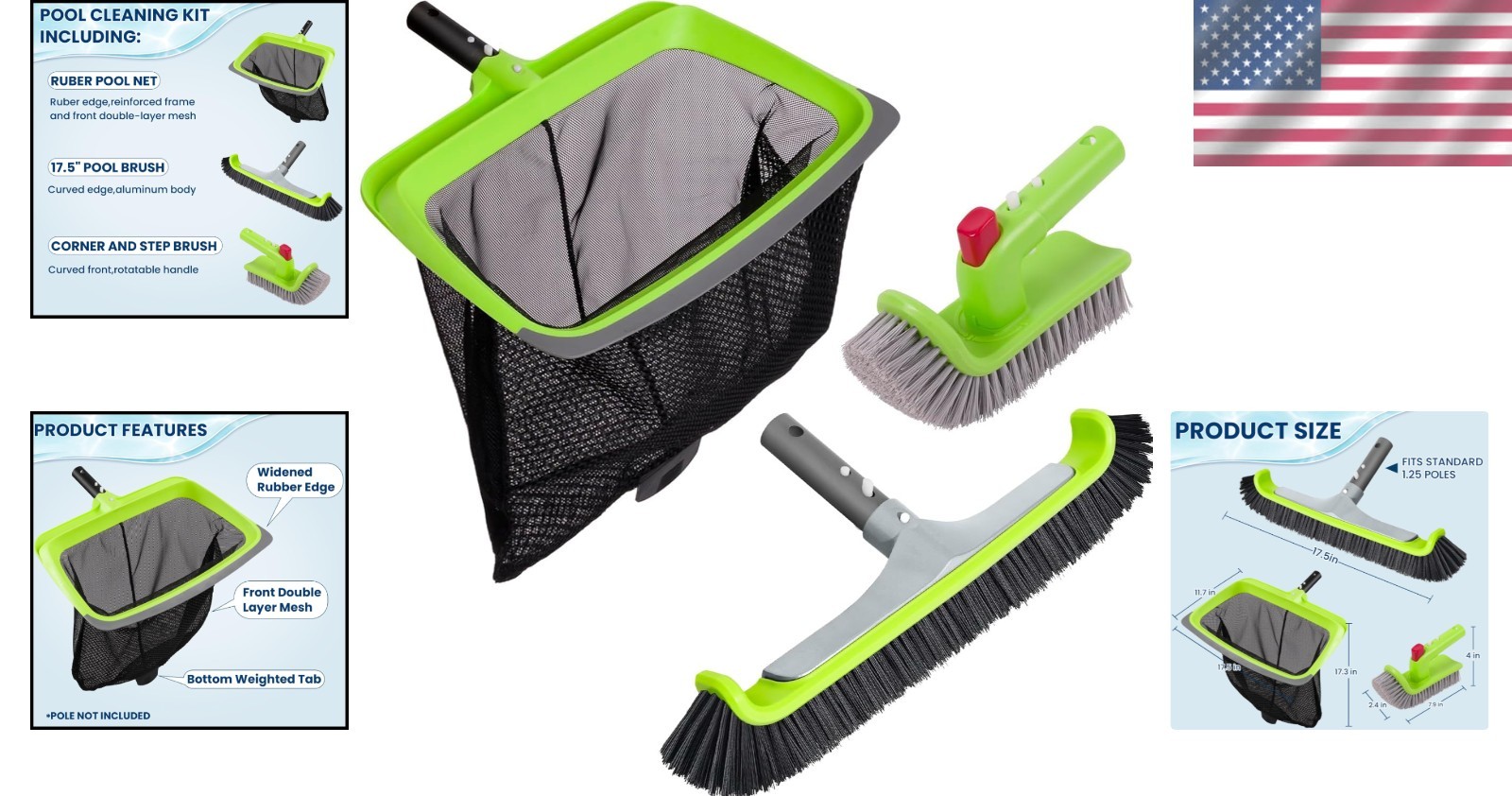 Heavy Duty Pool Maintenance Set with 17.5 Inch Brush and Rotatable Scrub Tool