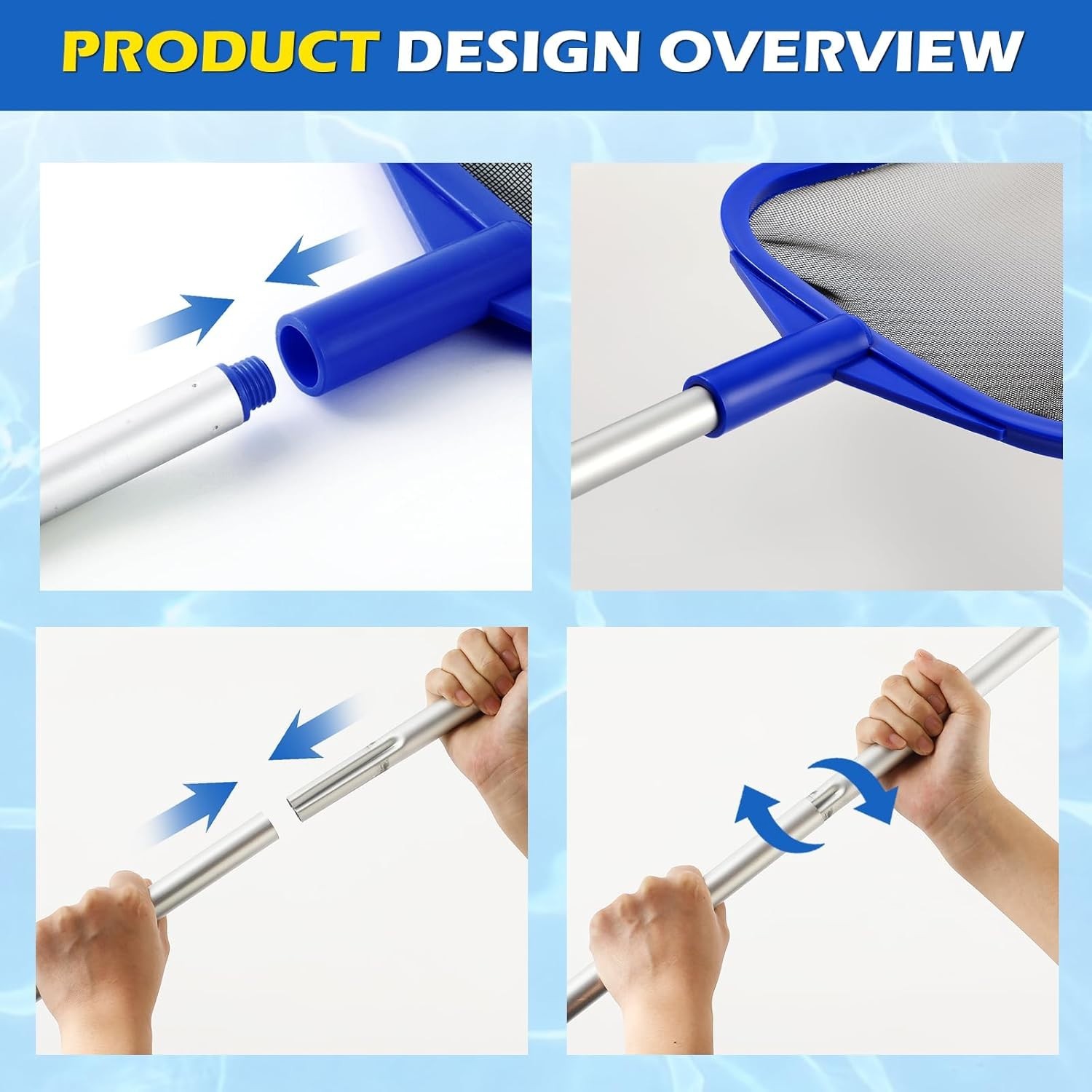 Durable Aluminum Pool Skimmer Net – Telescopic Pole 23 » to 60 » for All Pools