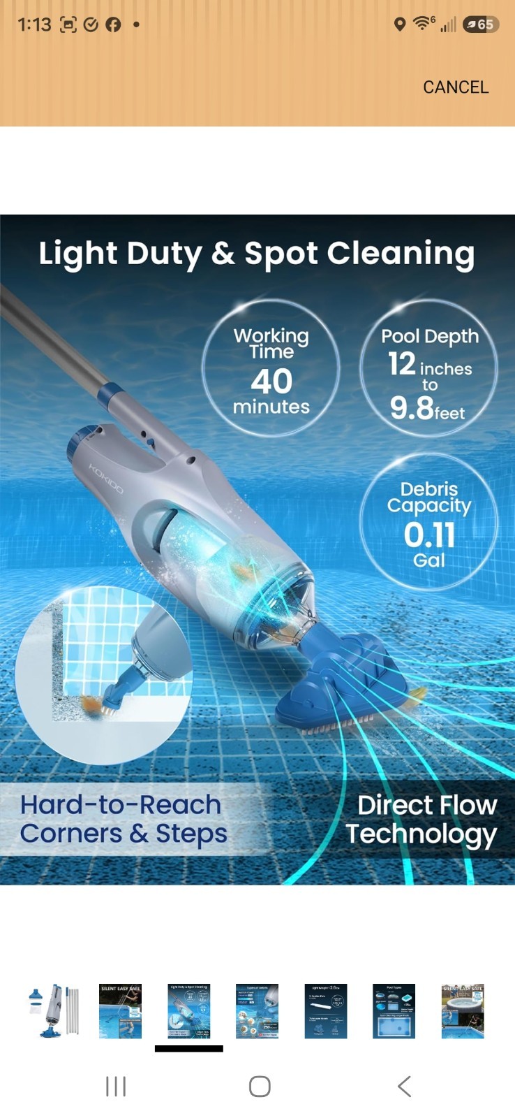 KOKIDO Cordless Handheld Pool Vacuum for above Ground Pool, with 6Ft Pole and 2