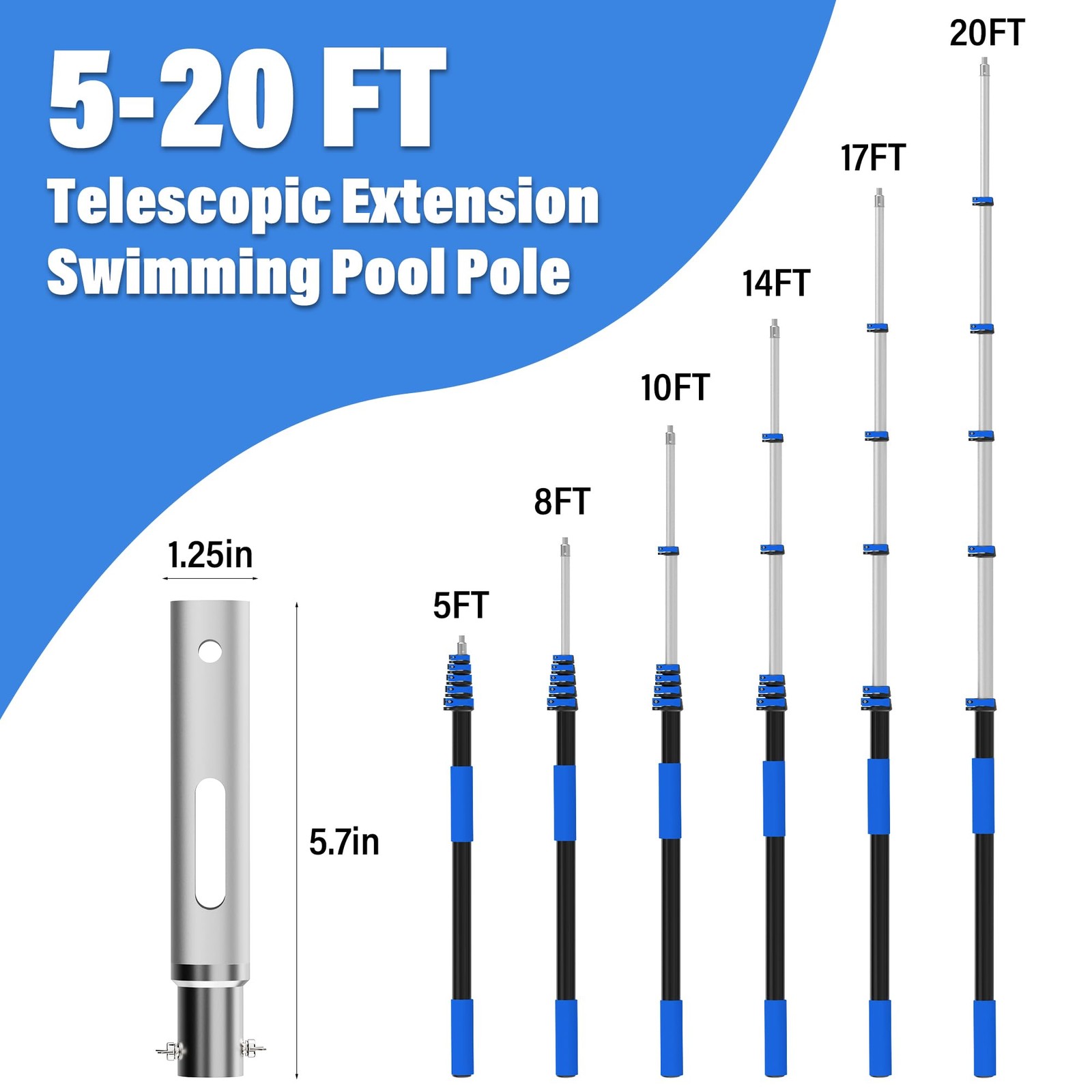 TONYINGO 5-20 FT Telescopic Pool Pole, Aluminum Alloy Extension Pole with Fli…