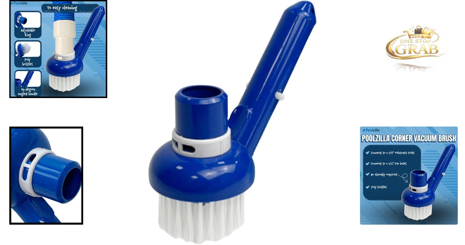 Pool Corner Vacuum Brush with Adjustable Ring for Concrete Vinyl Pools