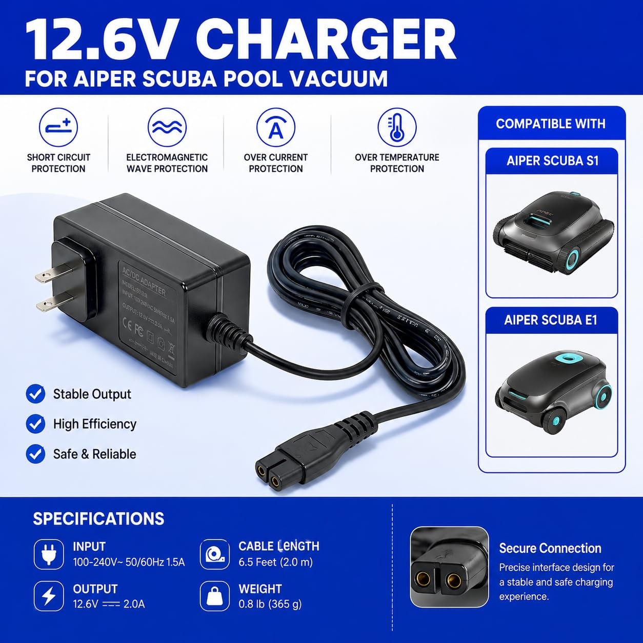 12.6V 1A Charger with Aiper Seagull SE, Seagull 600 800 800B 1000 1500 P1111 …