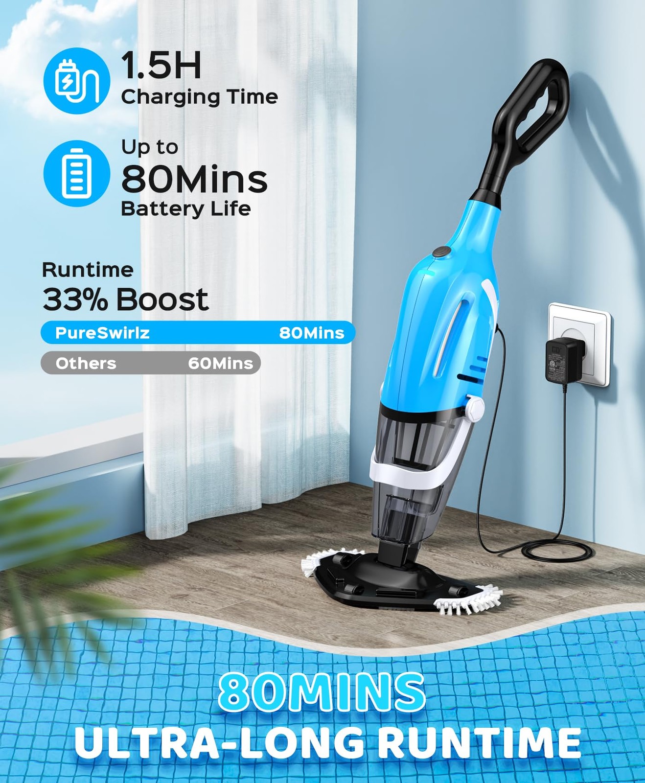 Pool Vacuum for Above Ground Pool with 78.7&Prime; Telescopic Pole, 80Min Runtime