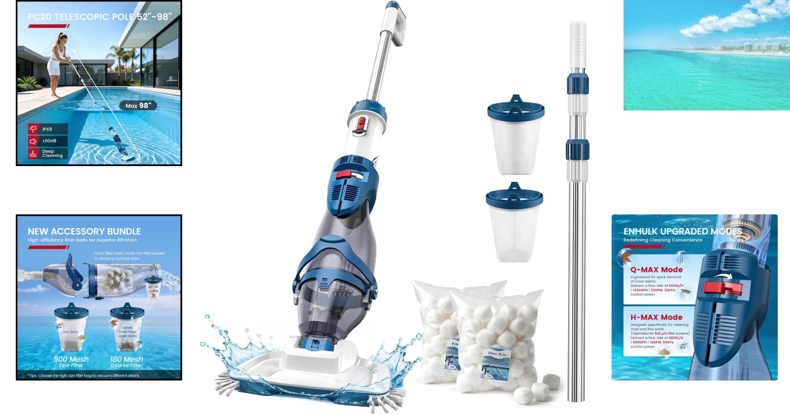 Upgraded Dual Mode Pool Cleaner – 1 Hour Runtime, 4 Filter Units, Effortless Use