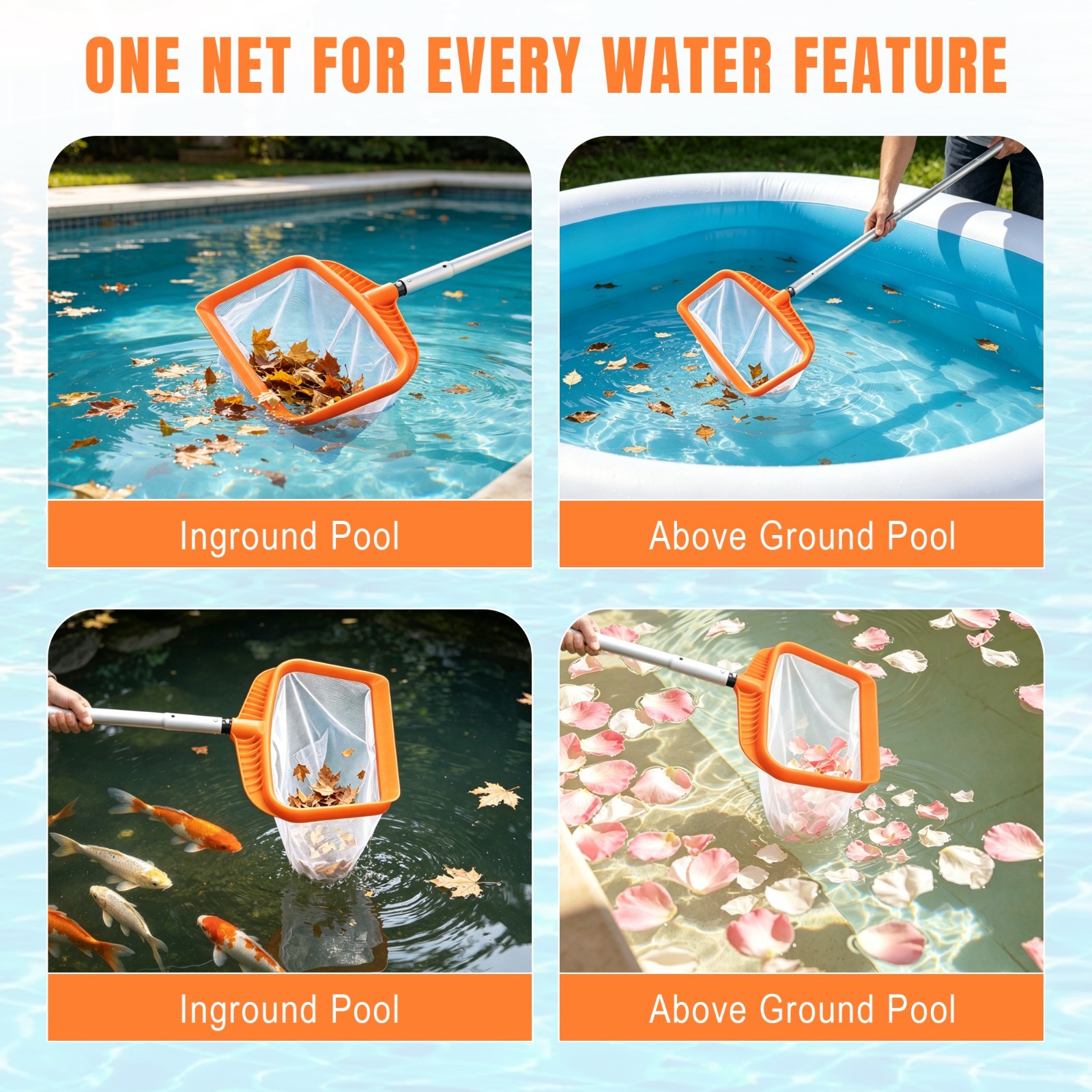 Pool Cleaning Kit, Aluminum Skimmer Net w 7.5Ft Telescoping Pole&17.5” Brush Hea
