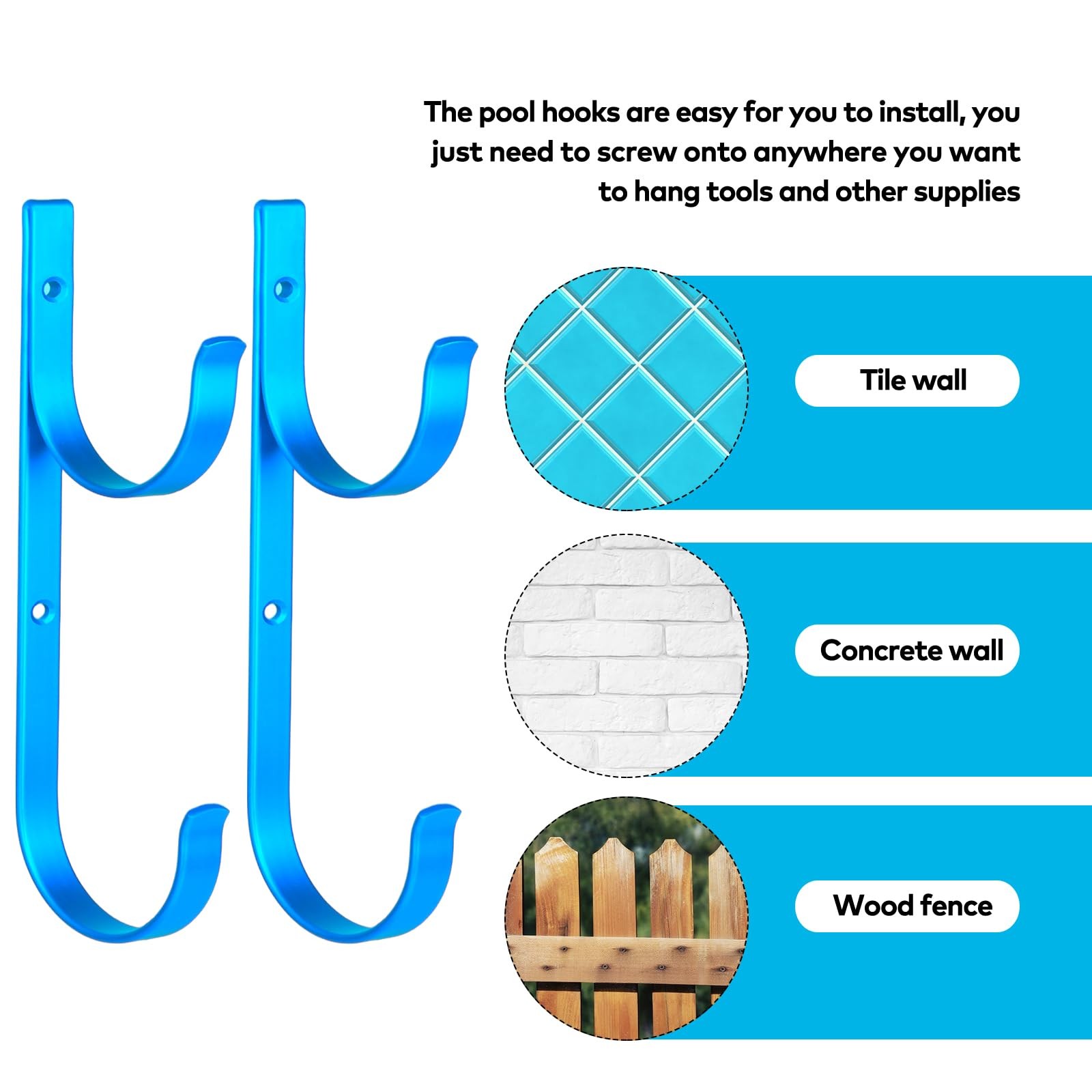 Aluminum Pool Pole Hanger Set 4 Blue Hooks for Rakes, Skimmers, and Tools