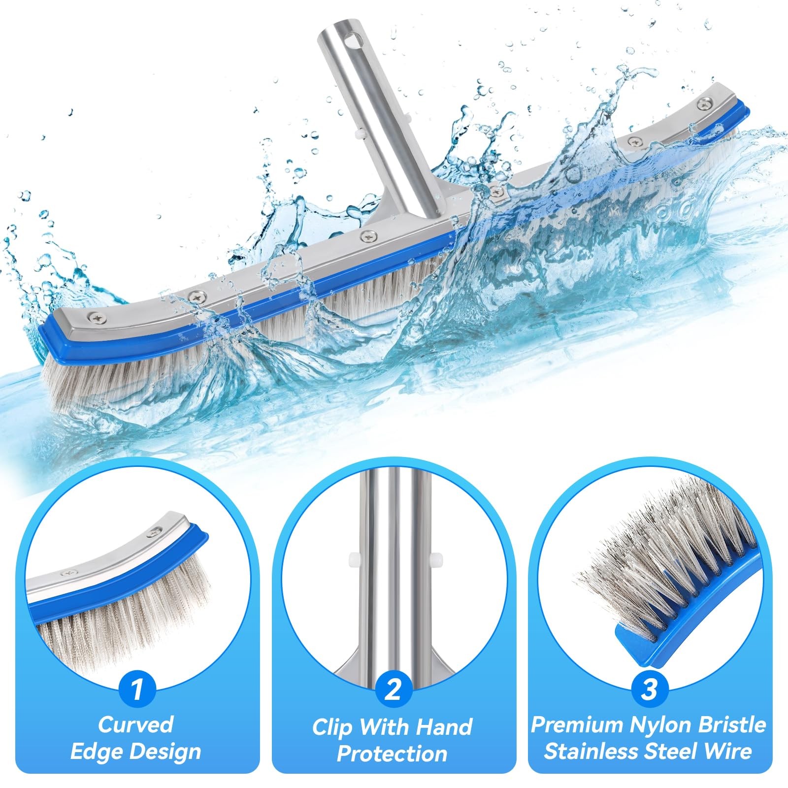 18-Inch Heavy Duty Pool Brush – Stainless Steel Wire & Nylon Bristles, Curved…