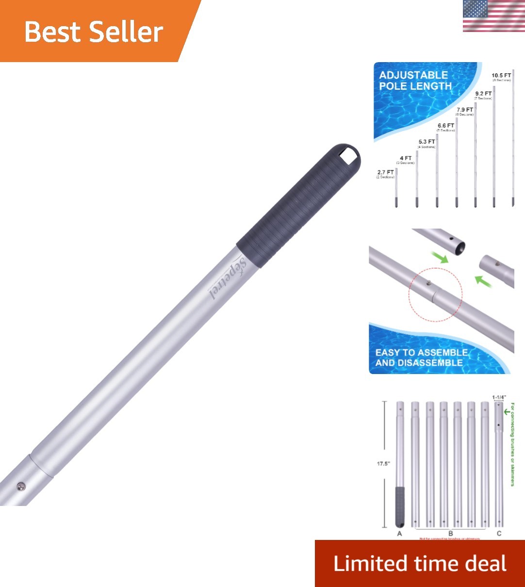 10.5 FT Adjustable Anodized Aluminum Pool Cleaning Pole – Lightweight & Compact