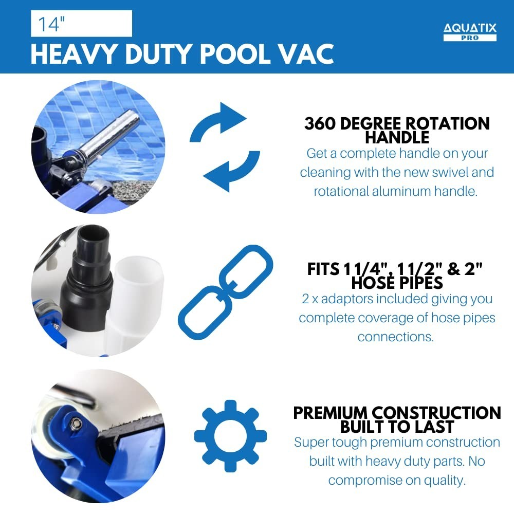 14&Prime; Professional Pool Vacuum Head with Wheels, Hose Adapter, 12 Weights, Flex Sw