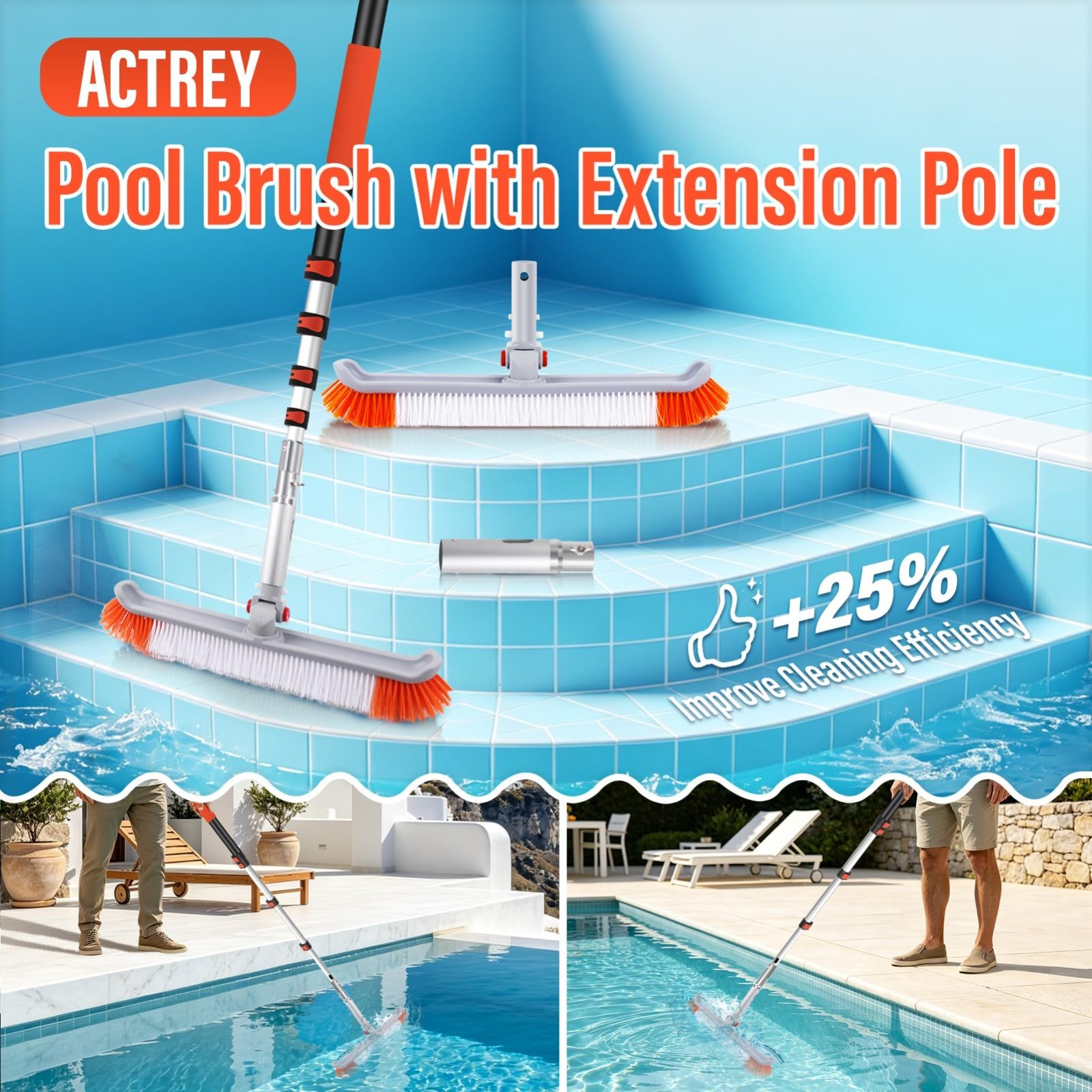 16FT Telescoping Pool Cleaning Pole with 19&Prime; Brush Head – Heavy Duty Adjustable