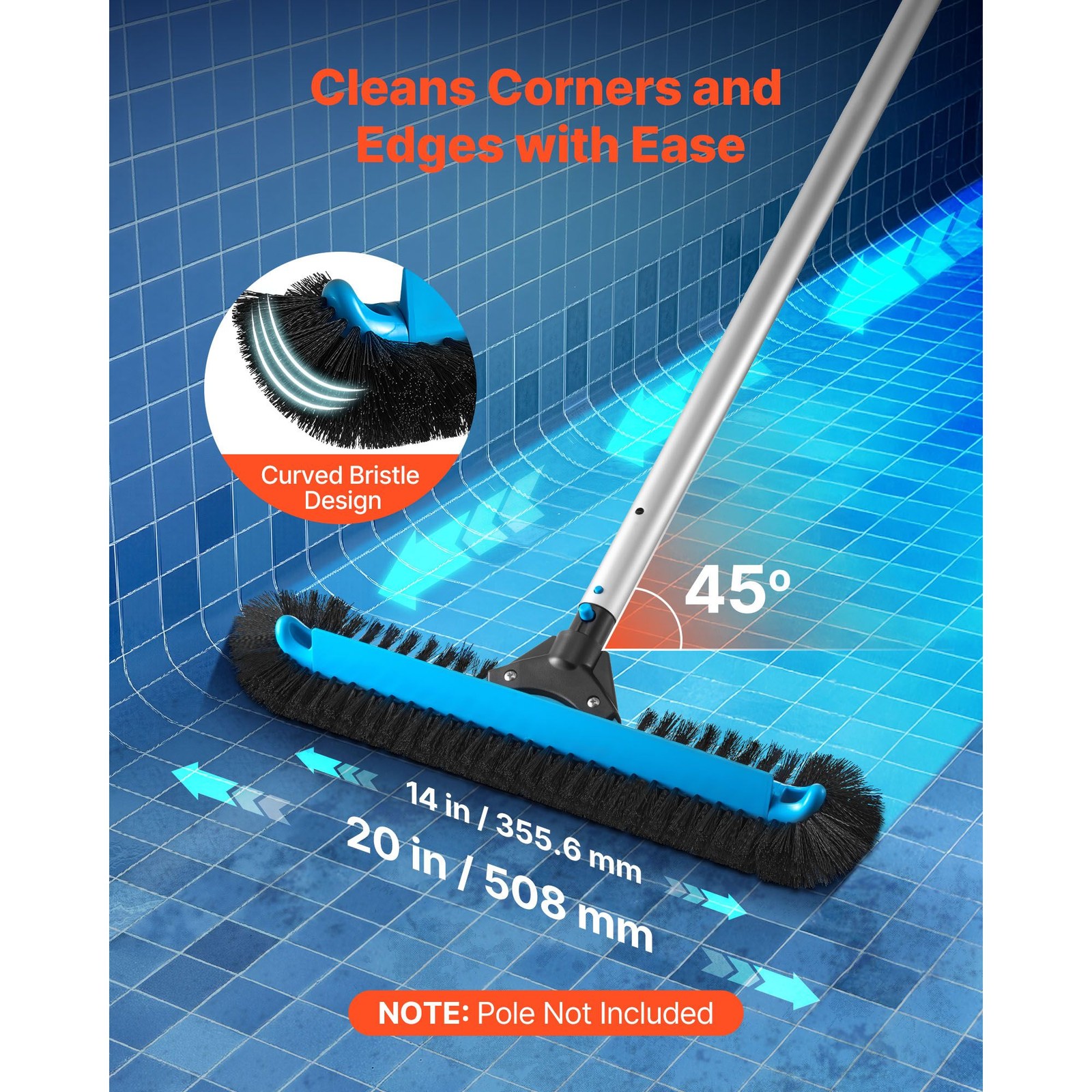 20in Pool Brush with 1¼in Universal Fit, Curved Edges Nylon Bristles