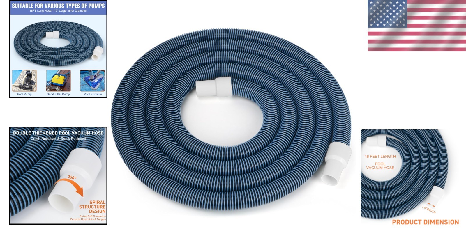 Heavy Duty 1.5 » x 18ft Pool Vacuum Hose with Swivel Cuff for Efficient Cleaning