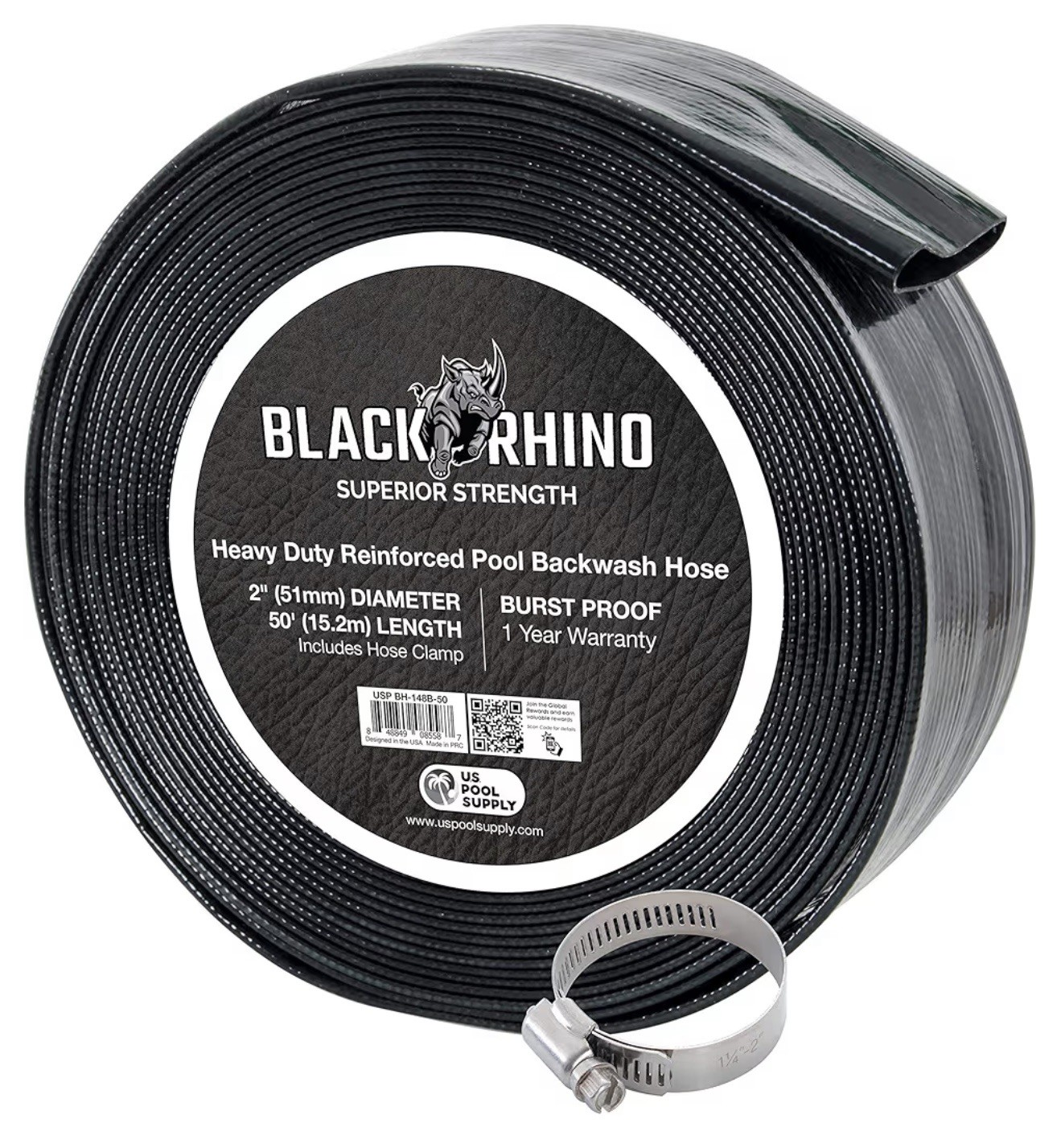 U.S. Pool Supply Black Rhino 2&Prime; x 50&prime; Pool Backwash Hose with Hose Clamp