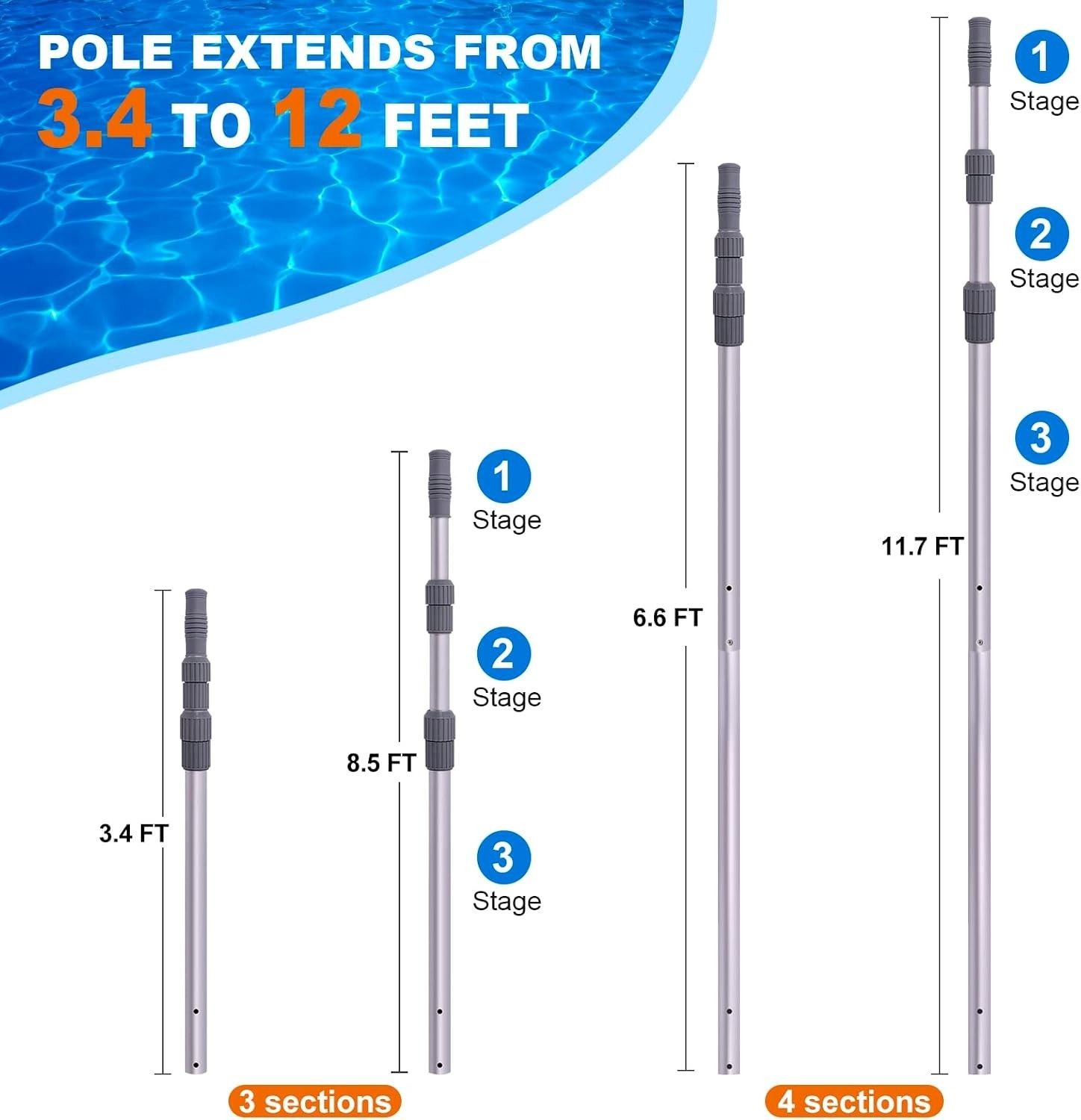 Pool Pole 12 ft Telescoping Aluminum Pool Cleaning Pole for Skimmer Brush Vacuum