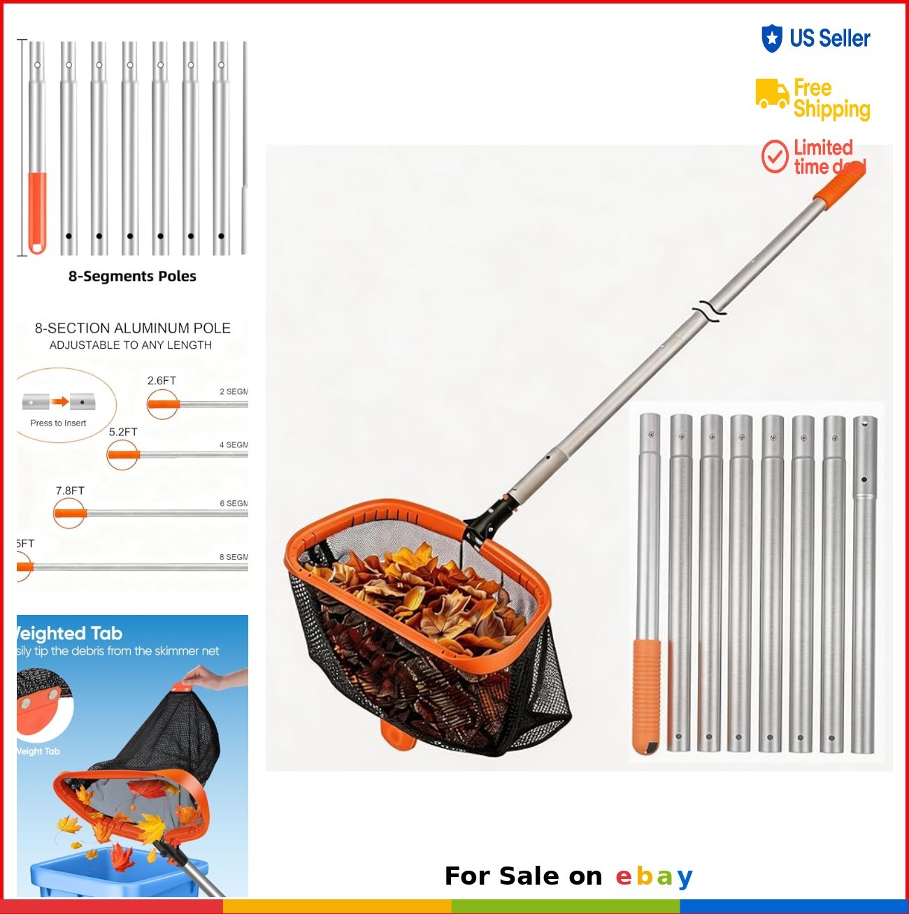 Pool Skimmer Net 17.5 Inch 10 FT Aluminum Pole 8 Sections Heavy Duty Leaf Rake